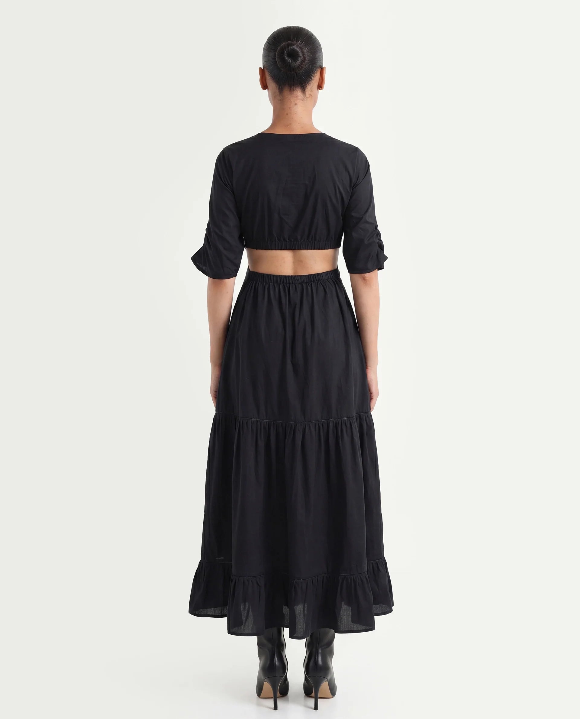 Rareism Women's Lesman Black Cotton V-Neck Plain Puff Sleeves Maxi Fit And Flare Dress