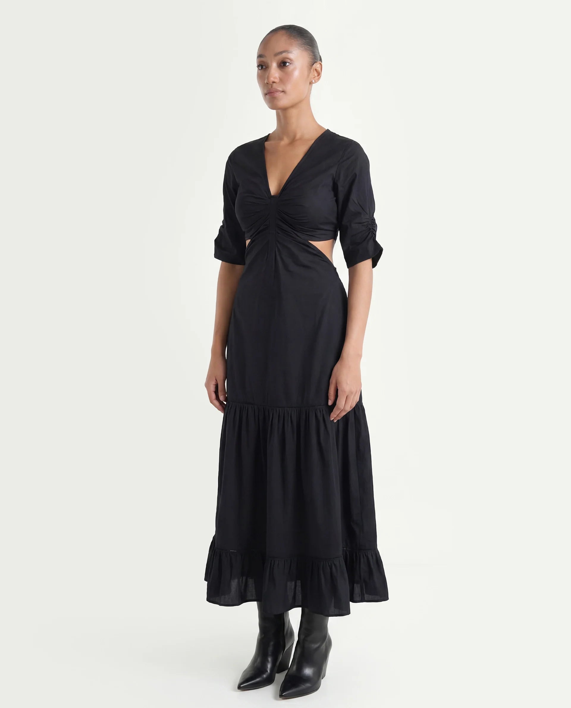 Rareism Women's Lesman Black Cotton V-Neck Plain Puff Sleeves Maxi Fit And Flare Dress