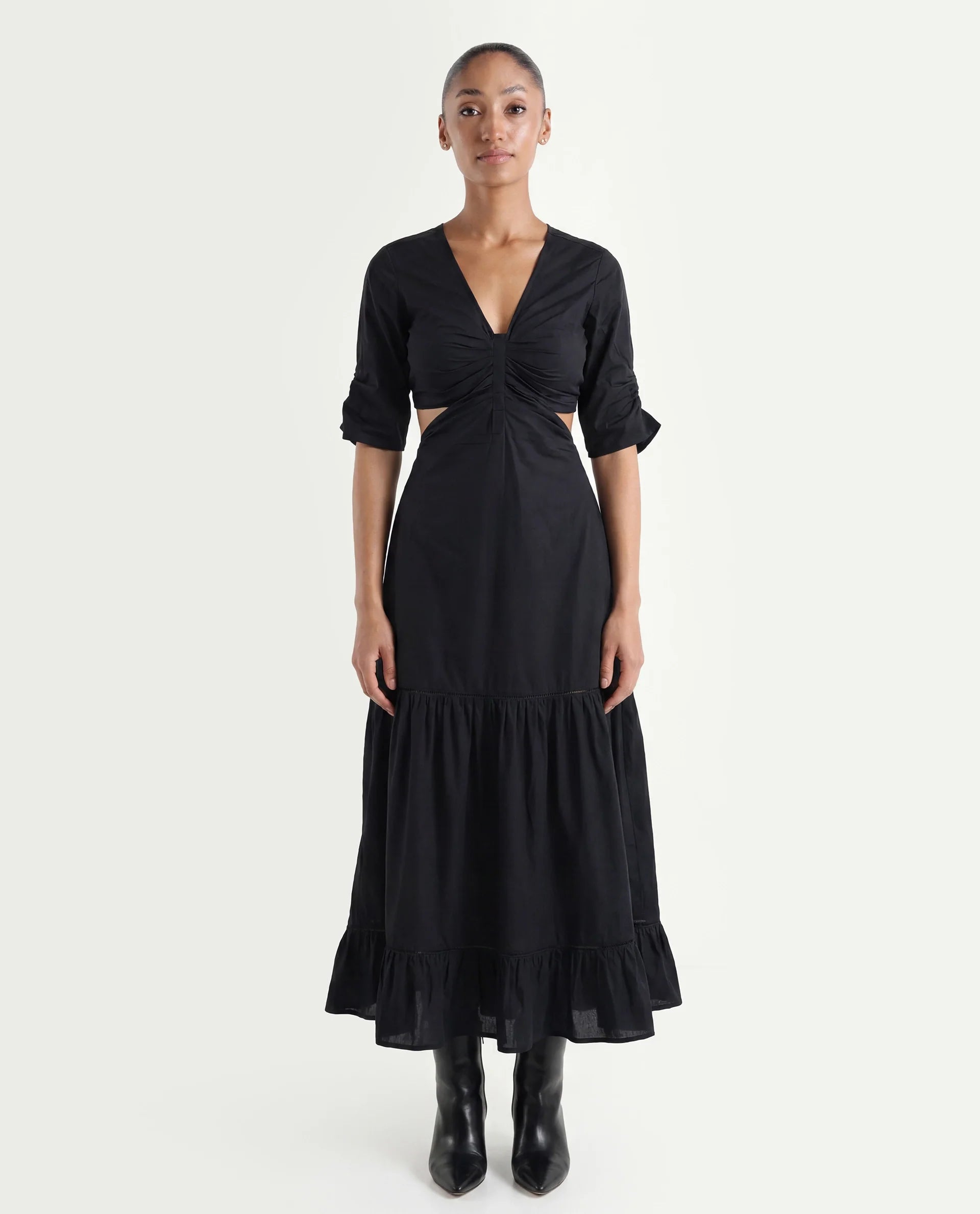 Rareism Women's Lesman Black Cotton V-Neck Plain Puff Sleeves Maxi Fit And Flare Dress