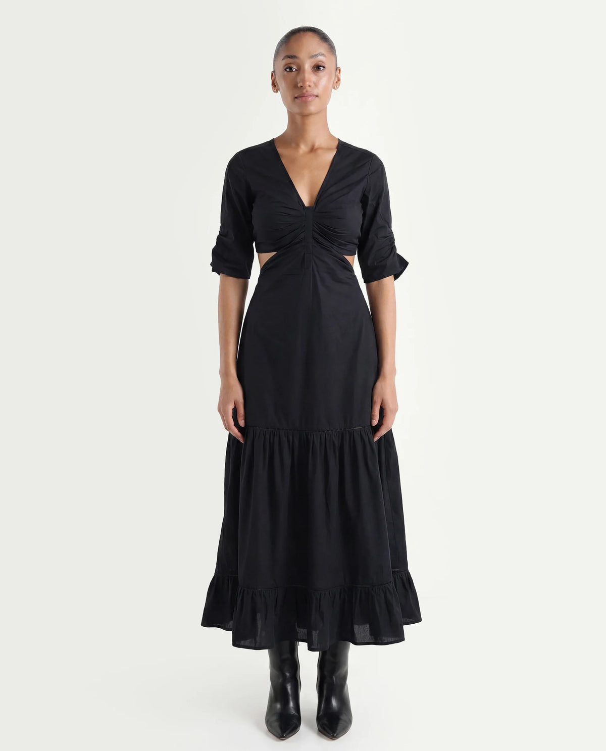 Rareism Women's Lesman Black Cotton V-Neck Plain Puff Sleeves Maxi Fit And Flare Dress