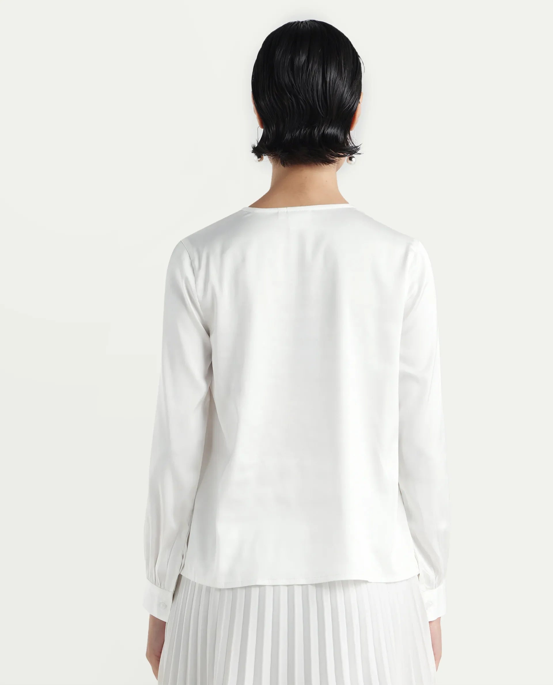 Rareism Women's Lohan White Polyester V-Neck Plain Cuffed Sleeve Regular Fit Top
