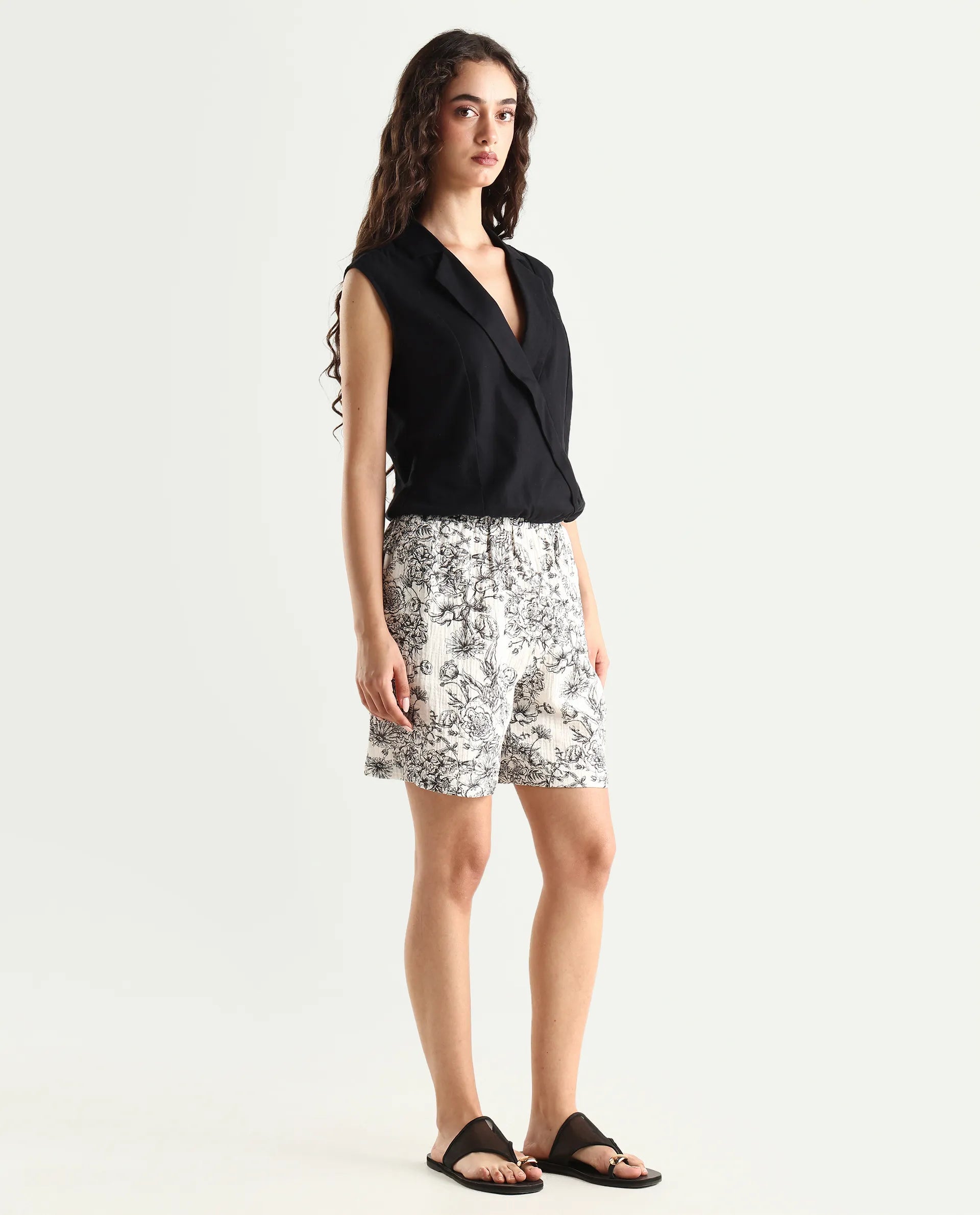 Rareism Women's Lorainet Off White Cotton Floral Print Mini Relaxed Fit Shorts