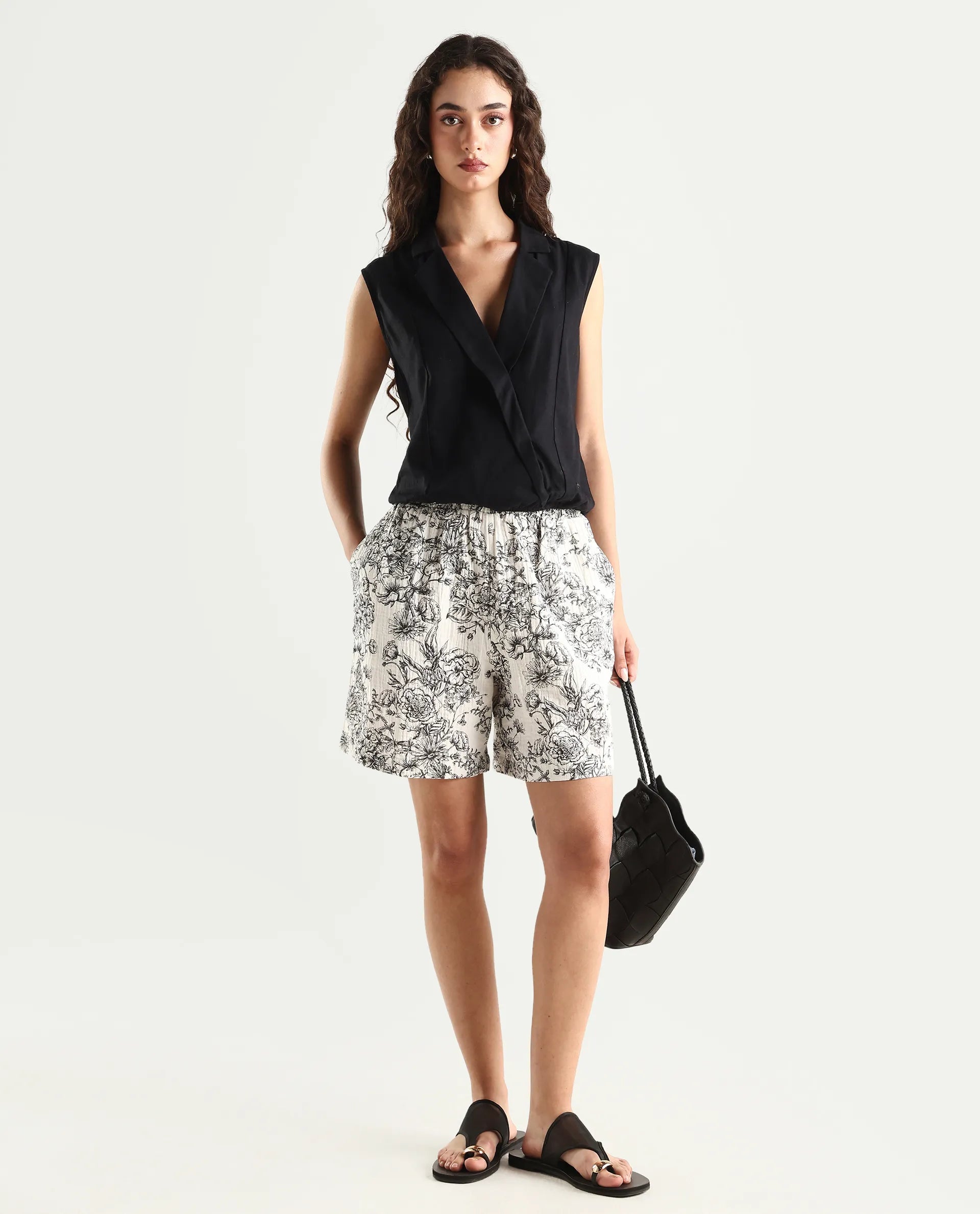 Rareism Women's Lorainet Off White Cotton Floral Print Mini Relaxed Fit Shorts