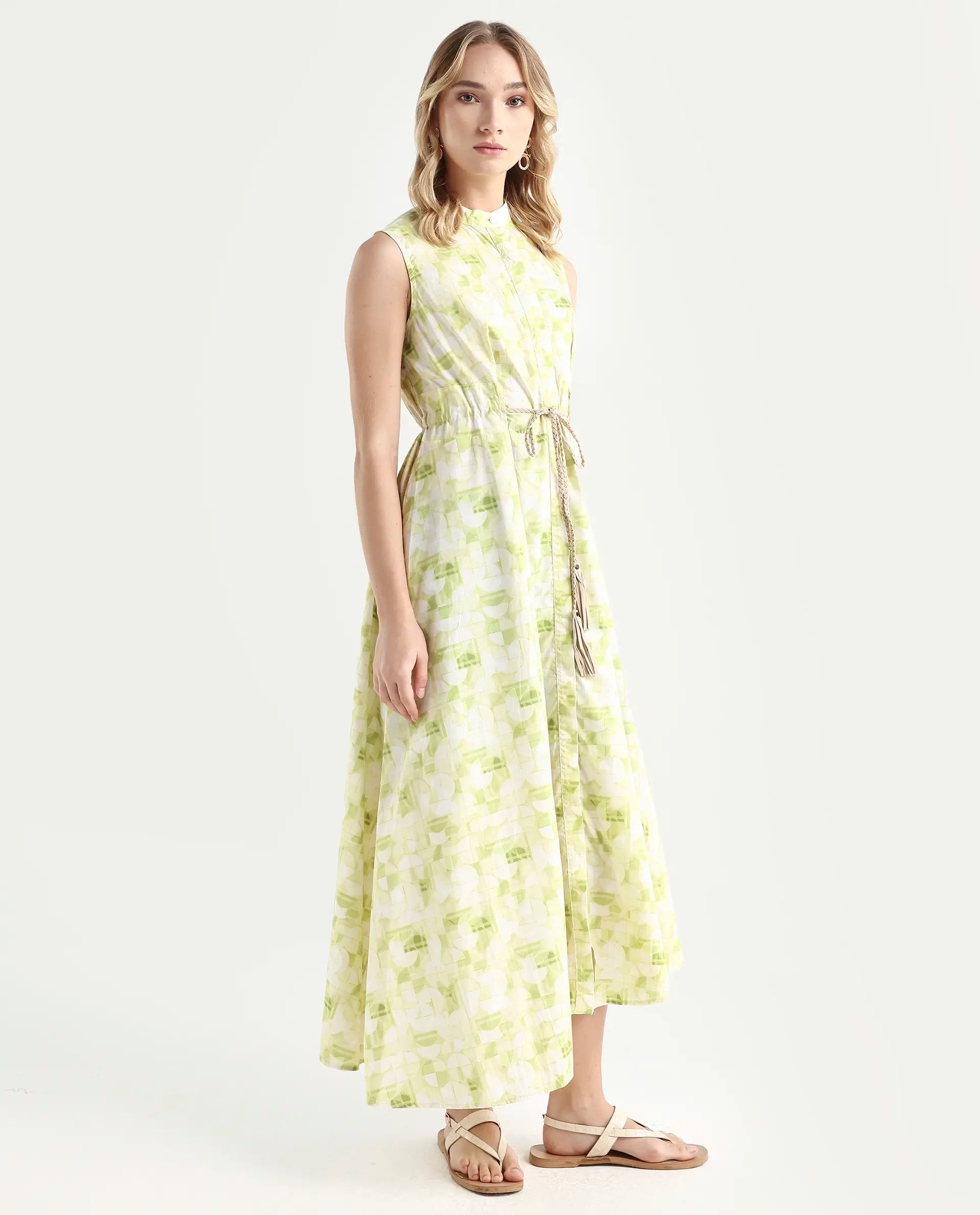 Rareism Women's Loralai Green Cotton Crew Neck Geometric Print Sleeveless Maxi Flared Dress