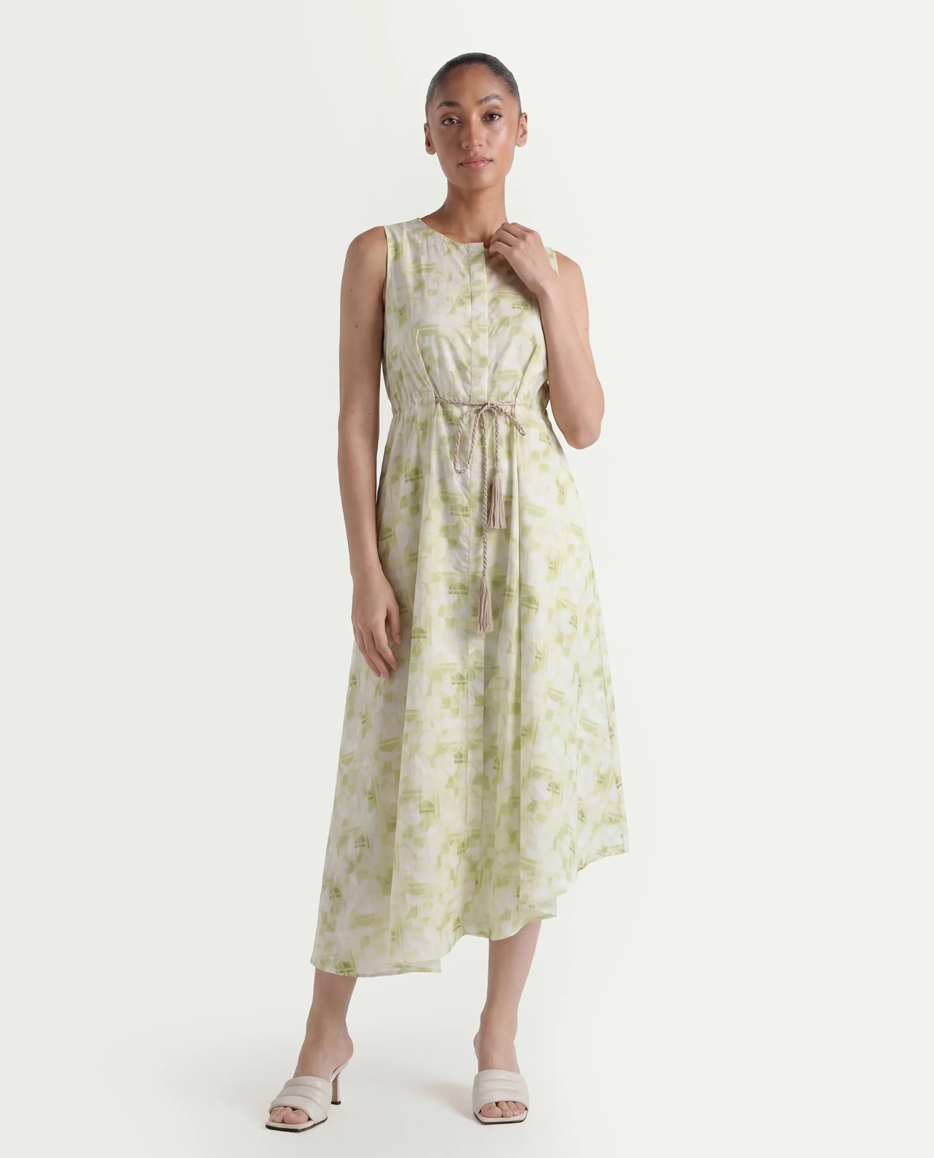 Rareism Women's Loralai Green Cotton Crew Neck Geometric Print Sleeveless Maxi Flared Dress