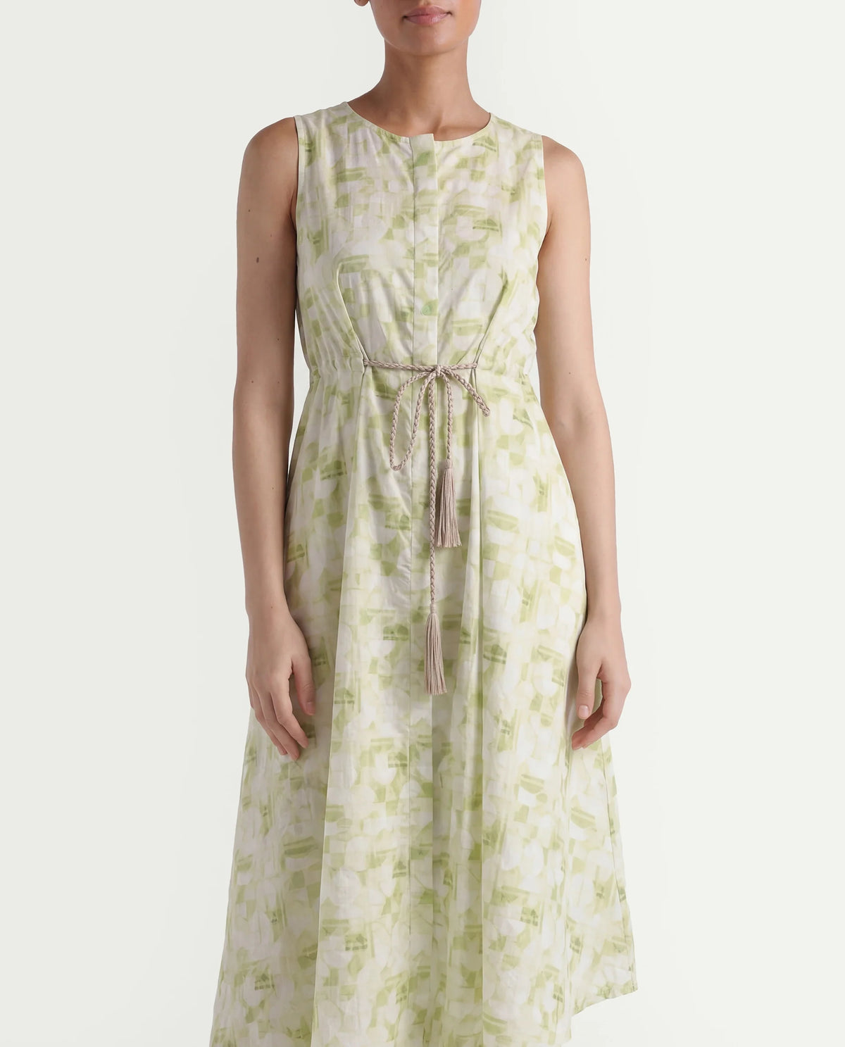 Rareism Women's Loralai Green Cotton Crew Neck Geometric Print Sleeveless Maxi Flared Dress