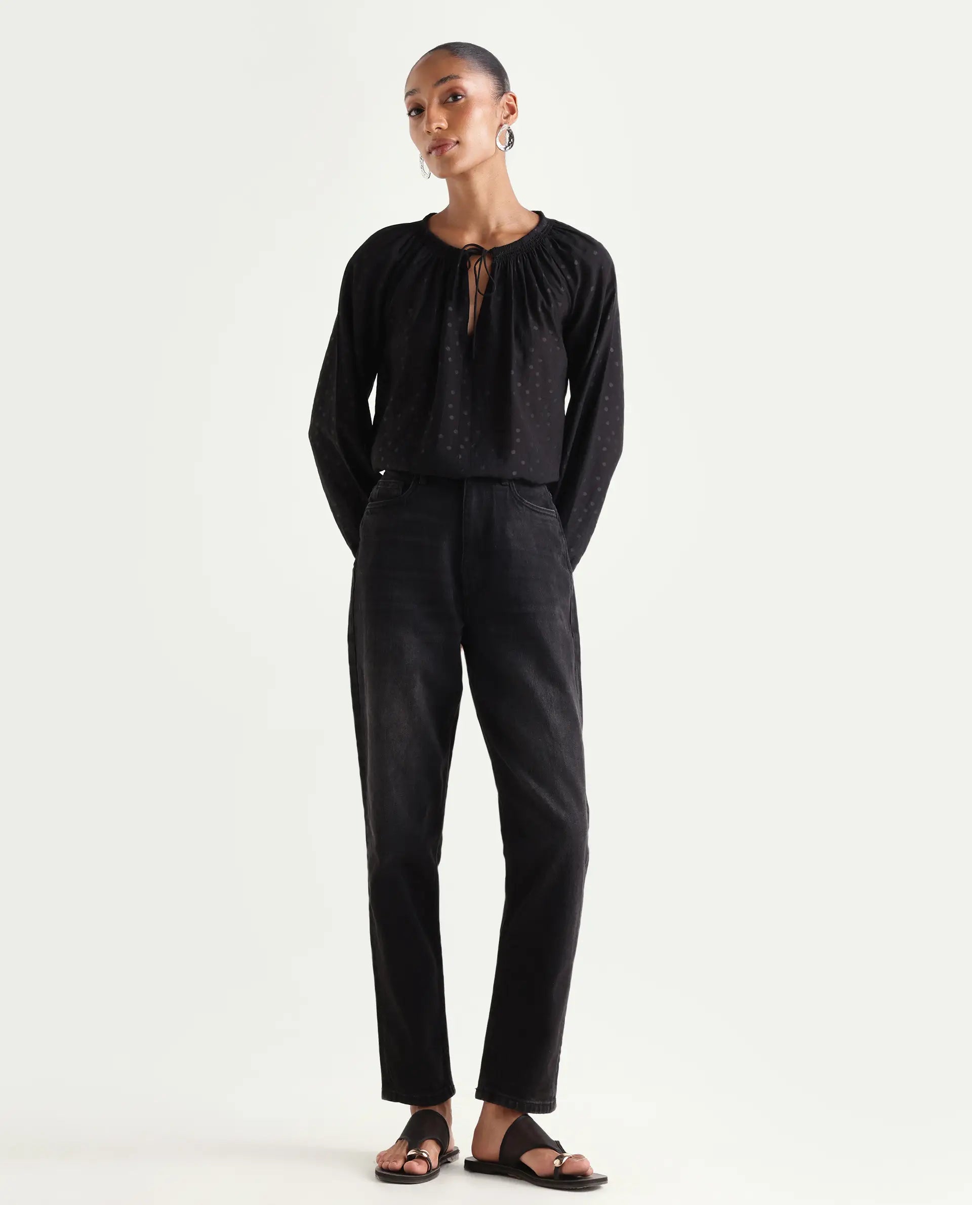 Rareism Women's Loreto Black Cotton Blend Plain Ankle Length Mom Fit Jeans