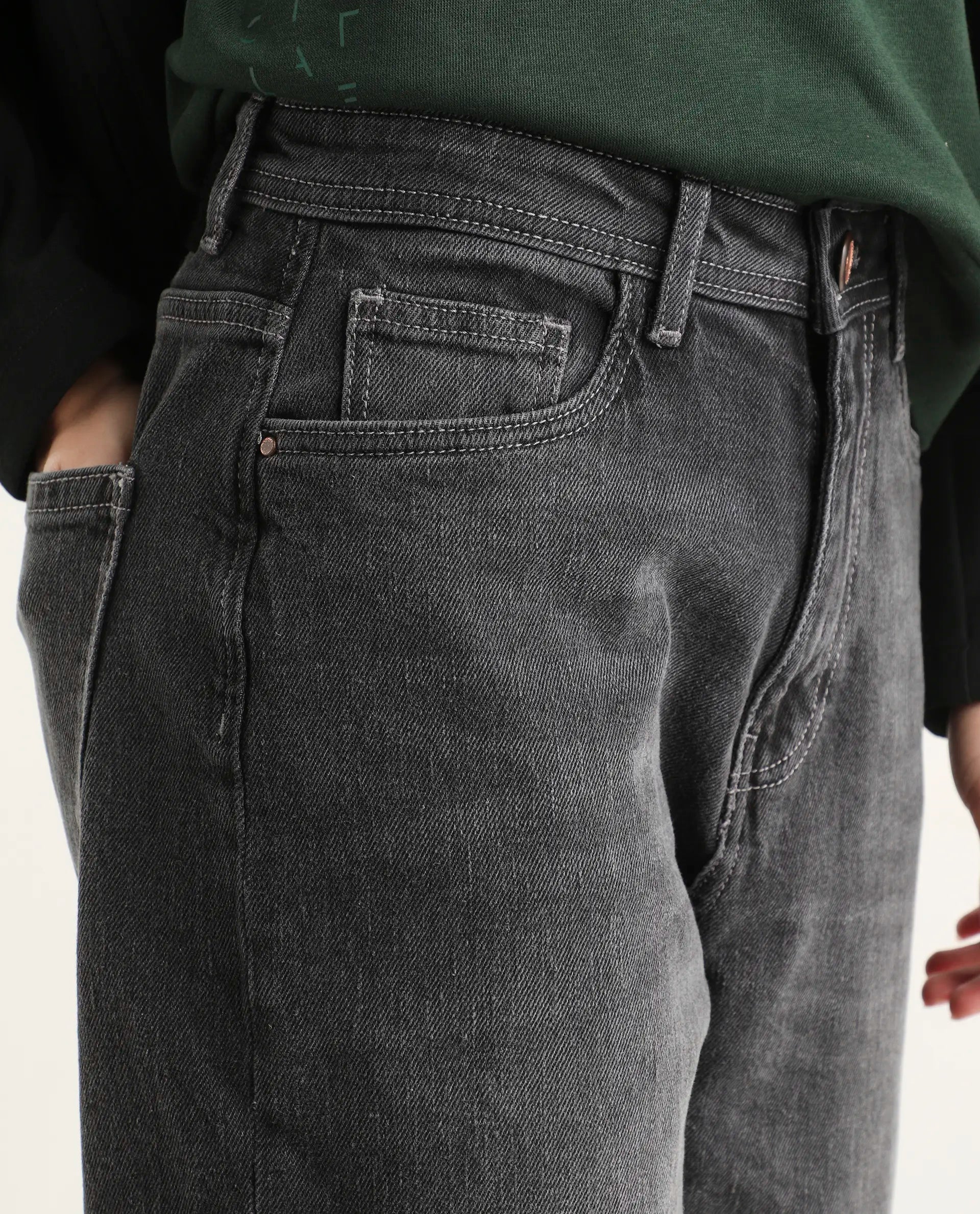 Rareism Women's Loreto Grey Cotton Blend Plain Ankle Length Mom Fit Jeans