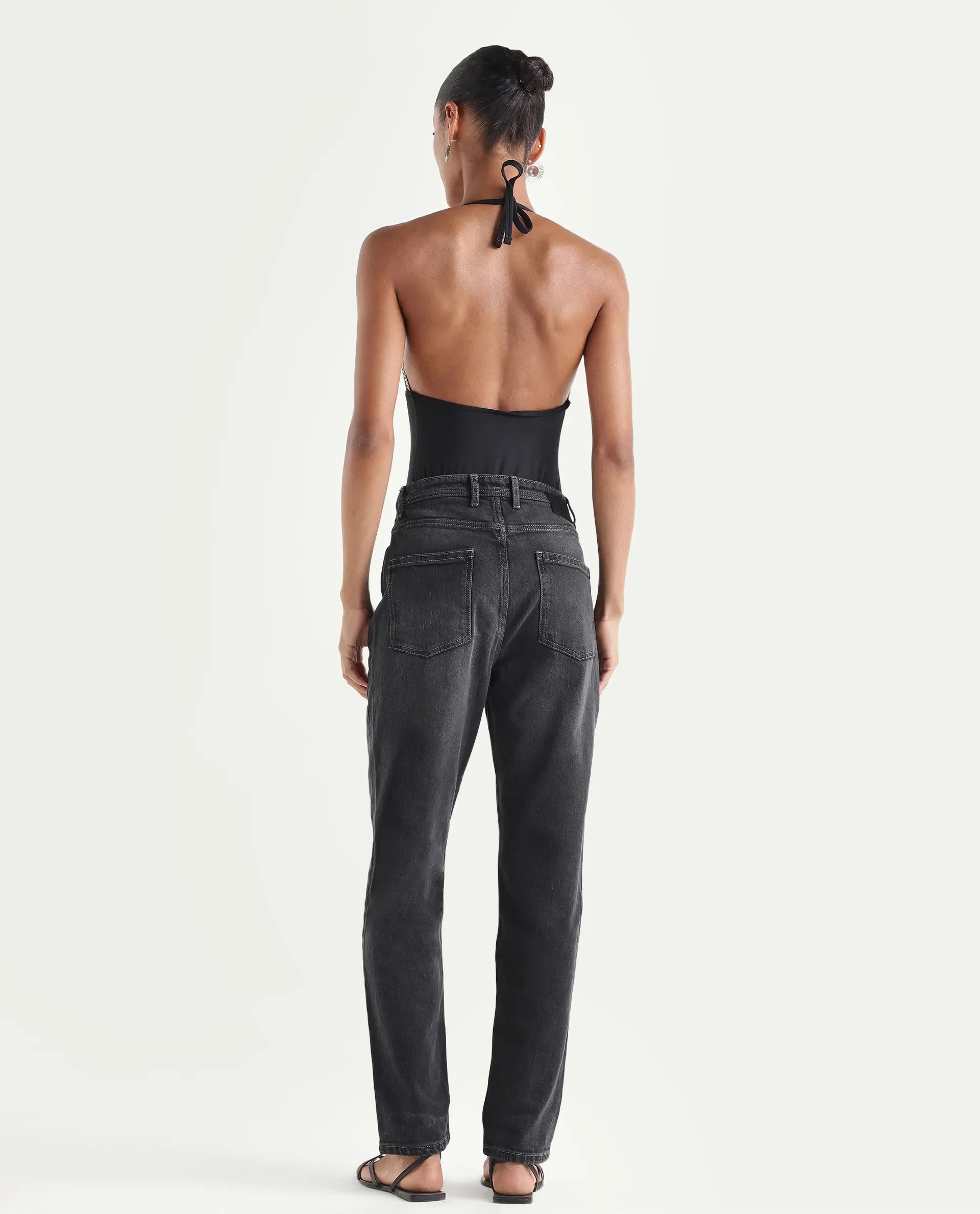 Rareism Women's Loreto Grey Cotton Blend Plain Ankle Length Mom Fit Jeans