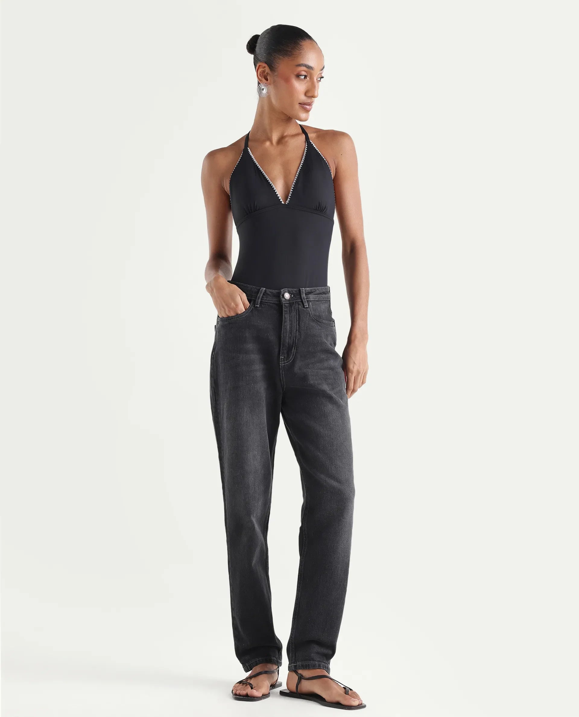Rareism Women's Loreto Grey Cotton Blend Plain Ankle Length Mom Fit Jeans