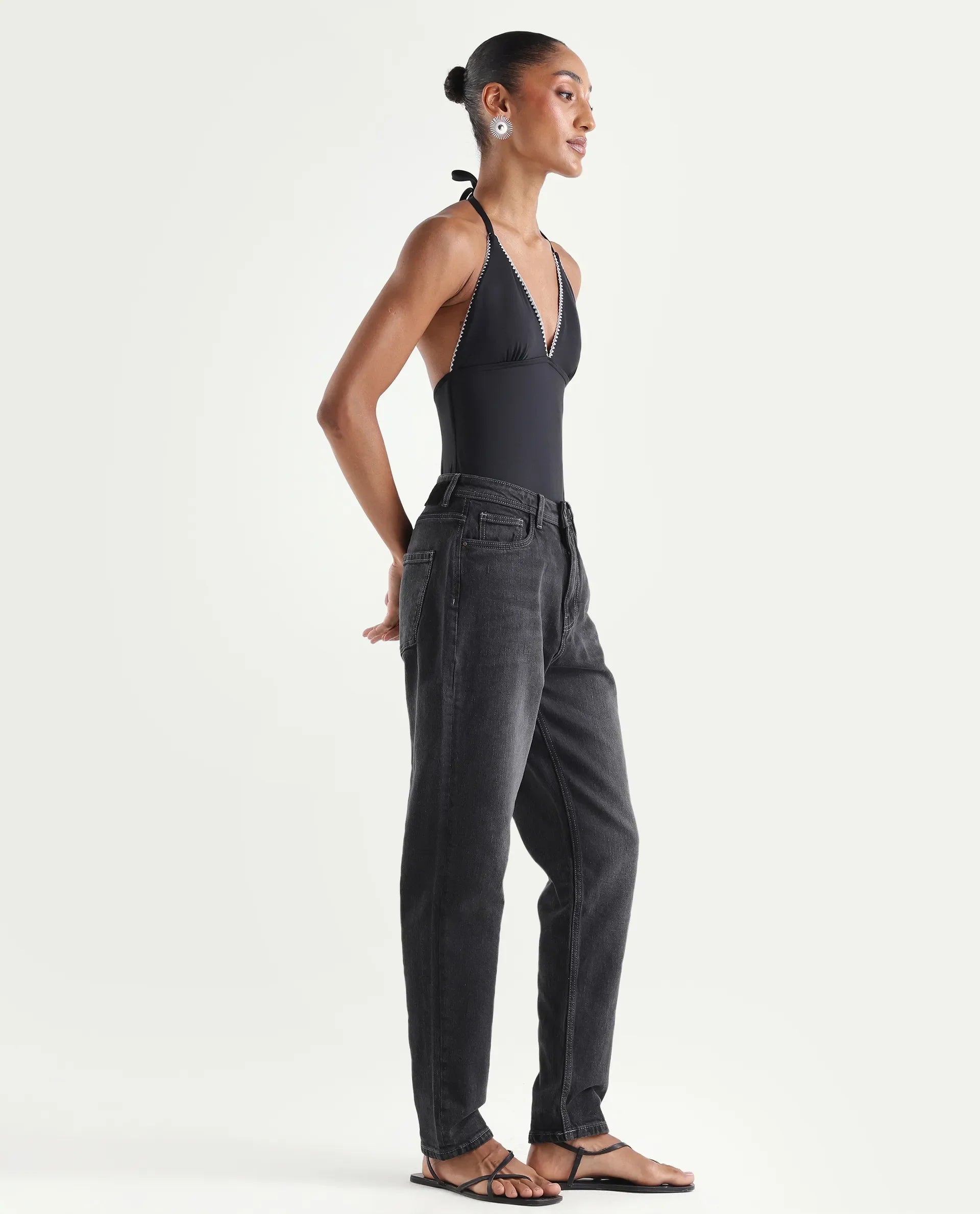 Rareism Women's Loreto Grey Cotton Blend Plain Ankle Length Mom Fit Jeans