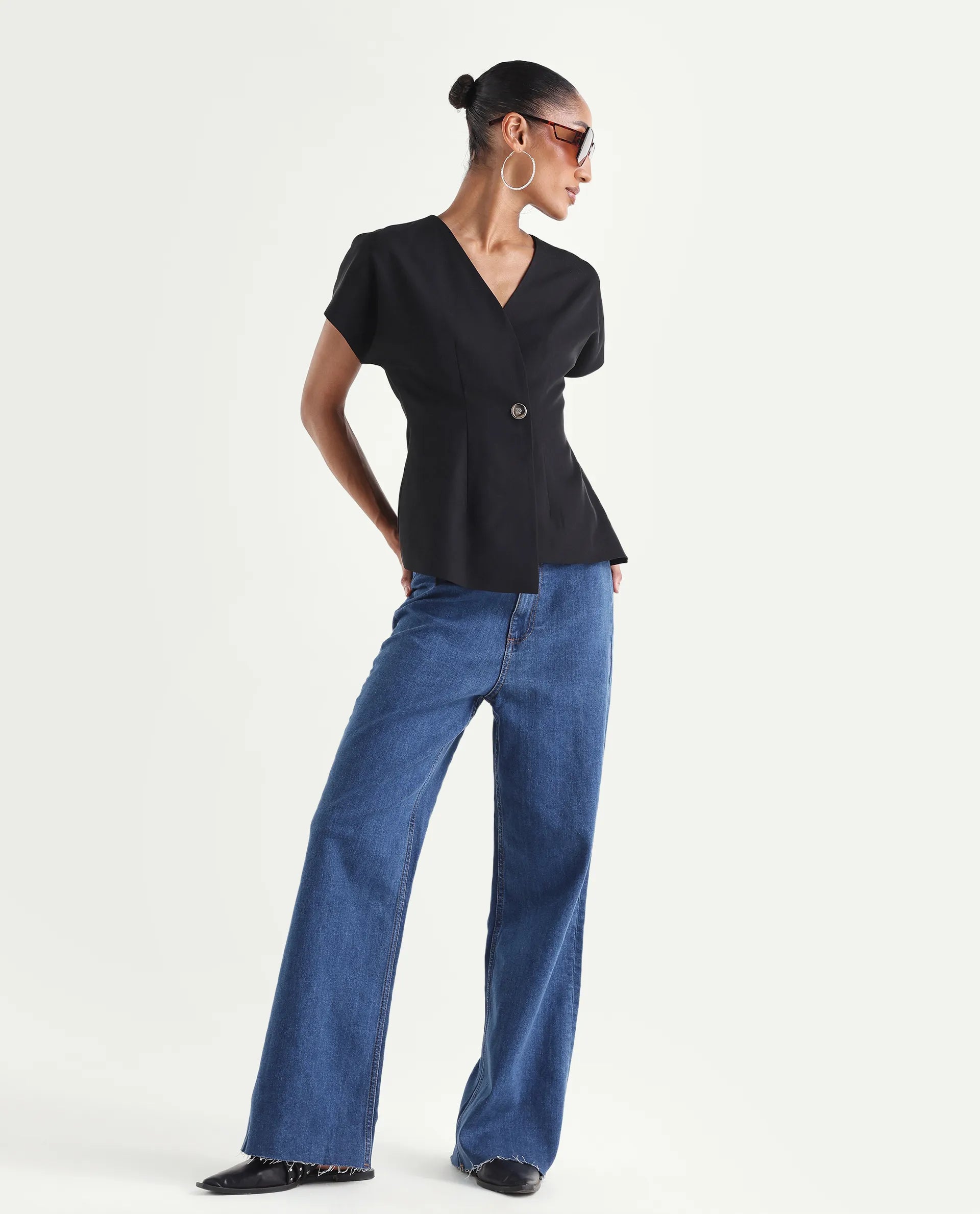 Rareism Women's Miniko Dark Blue Cotton Blend Plain Ankle Length Effortless Sculpt high wide Jeans