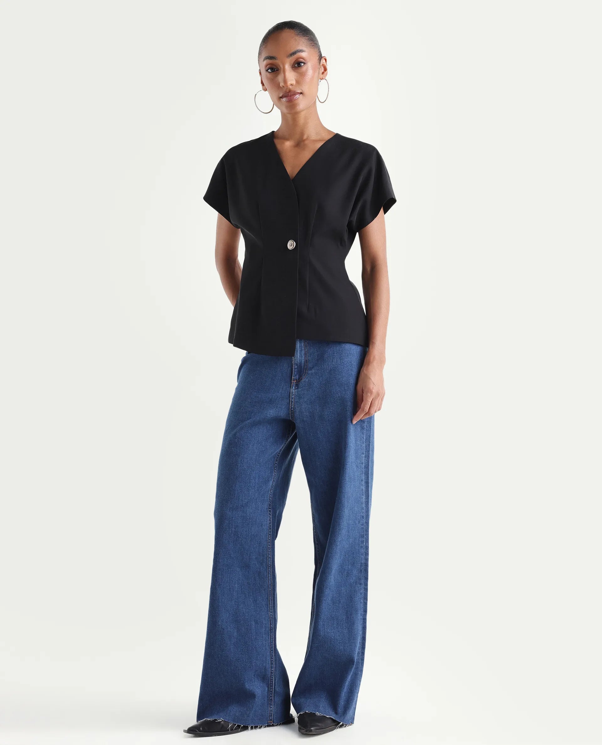 Rareism Women's Miniko Dark Blue Cotton Blend Plain Ankle Length Effortless Sculpt high wide Jeans