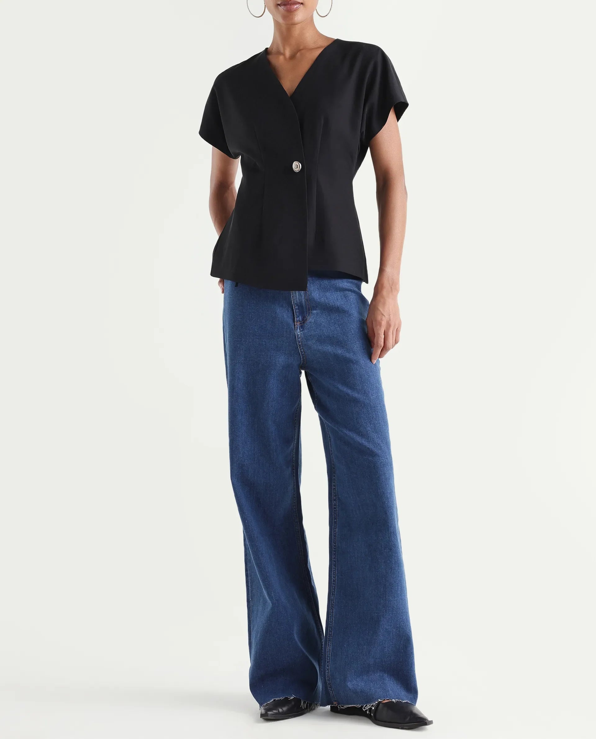 Rareism Women's Miniko Dark Blue Cotton Blend Plain Ankle Length Effortless Sculpt high wide Jeans
