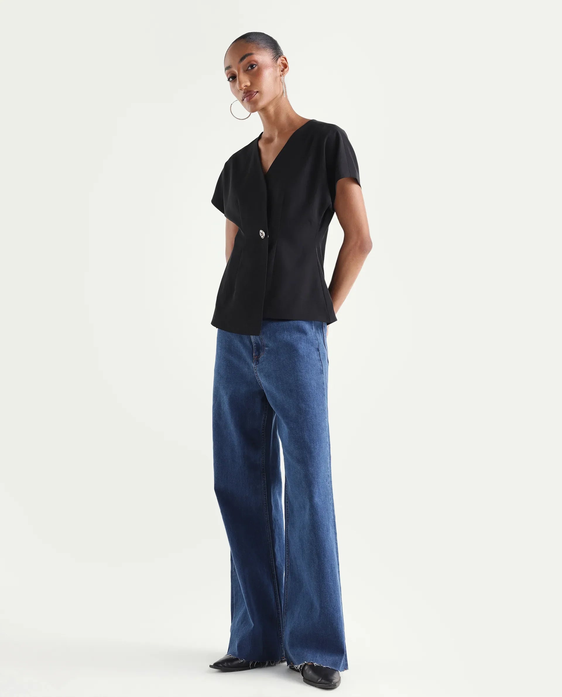 Rareism Women's Miniko Dark Blue Cotton Blend Plain Ankle Length Effortless Sculpt high wide Jeans