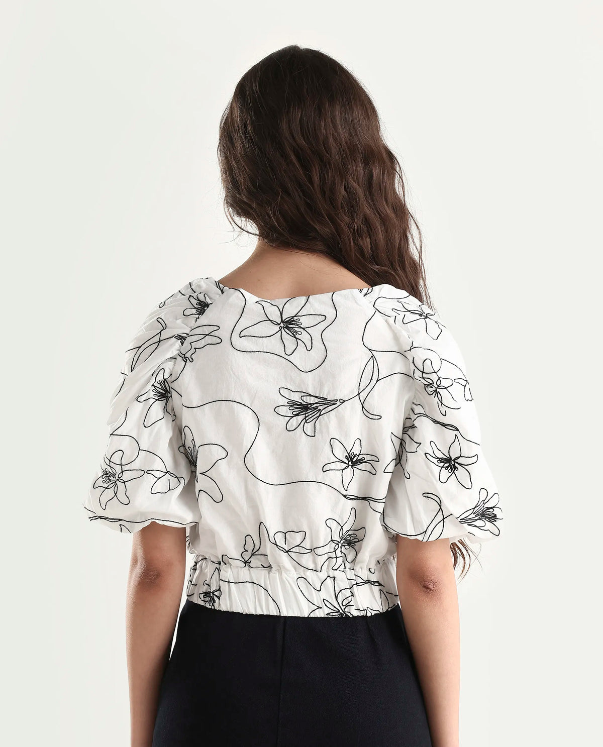 Rareism Women's Morganic White Cotton Crew Neck Embroidered Balloon Sleeve Crop Regular Fit Top