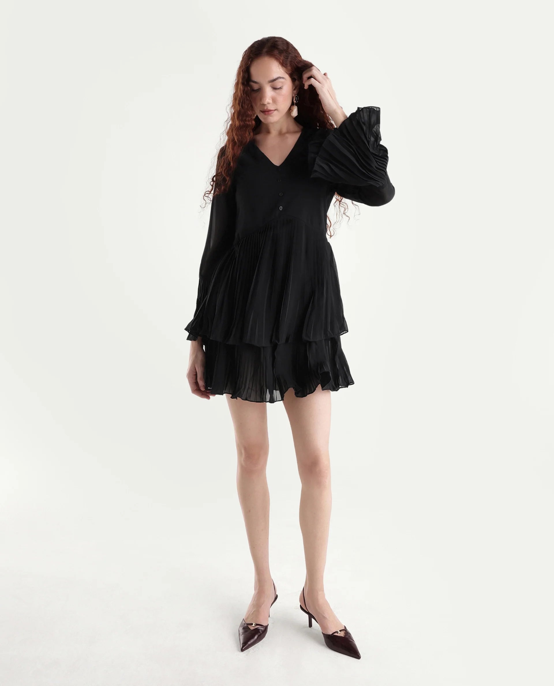 Rareism Women's Olympia Black Polyester Drop Collar Plain Bell Sleeve Mini Fit And Flare Dress