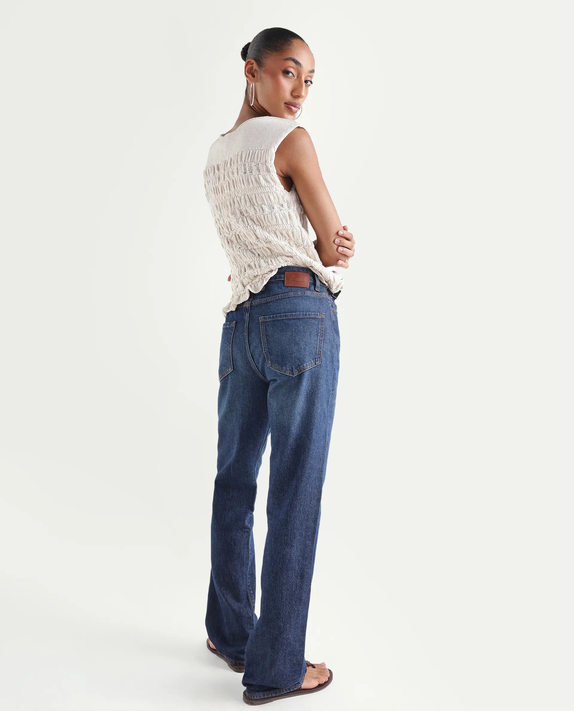 Rareism Women's Osseo Dark Blue Cotton Blend Plain Ankle Length Smart Straight Fit Jeans