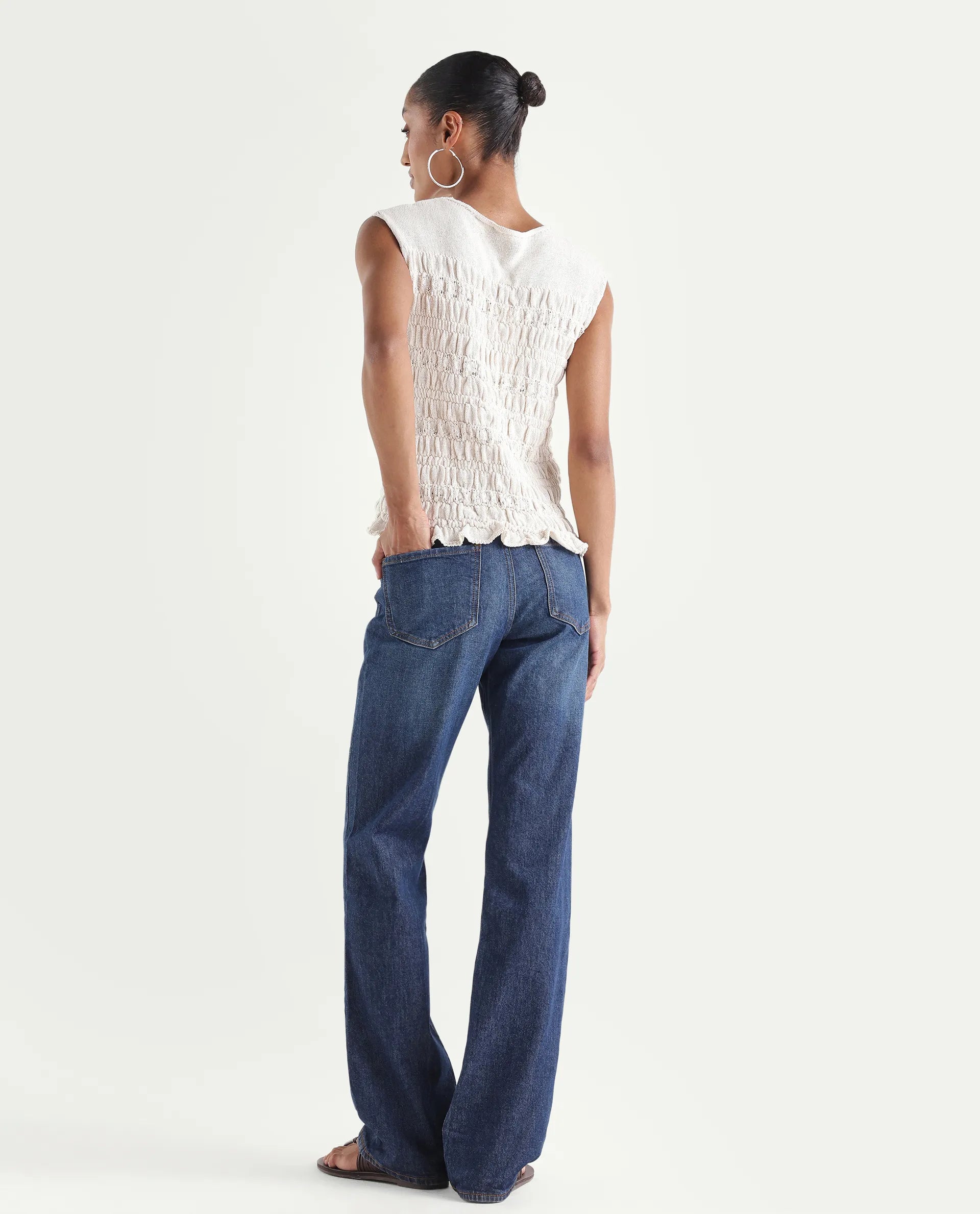 Rareism Women's Osseo Dark Blue Cotton Blend Plain Ankle Length Smart Straight Fit Jeans