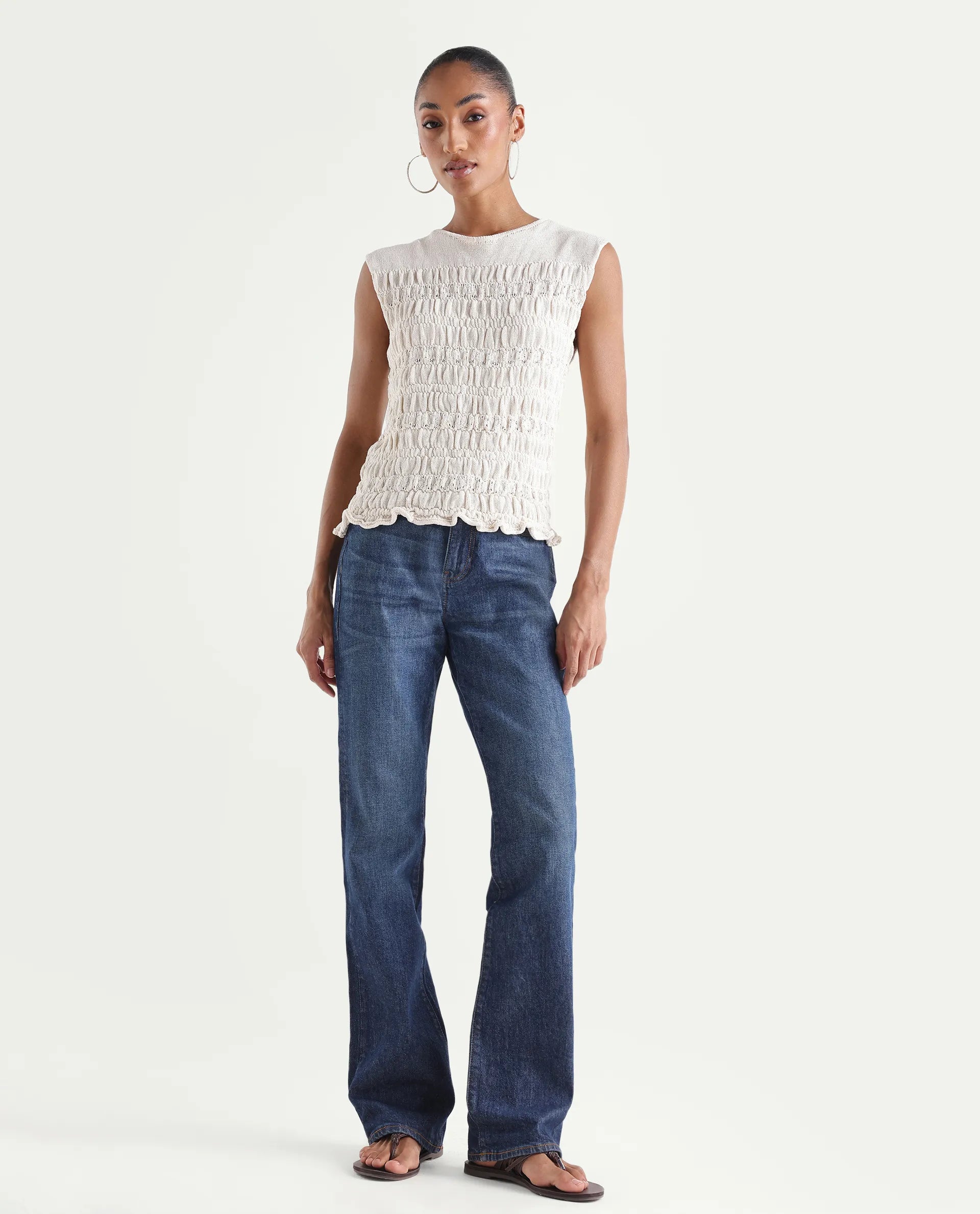 Rareism Women's Osseo Dark Blue Cotton Blend Plain Ankle Length Smart Straight Fit Jeans