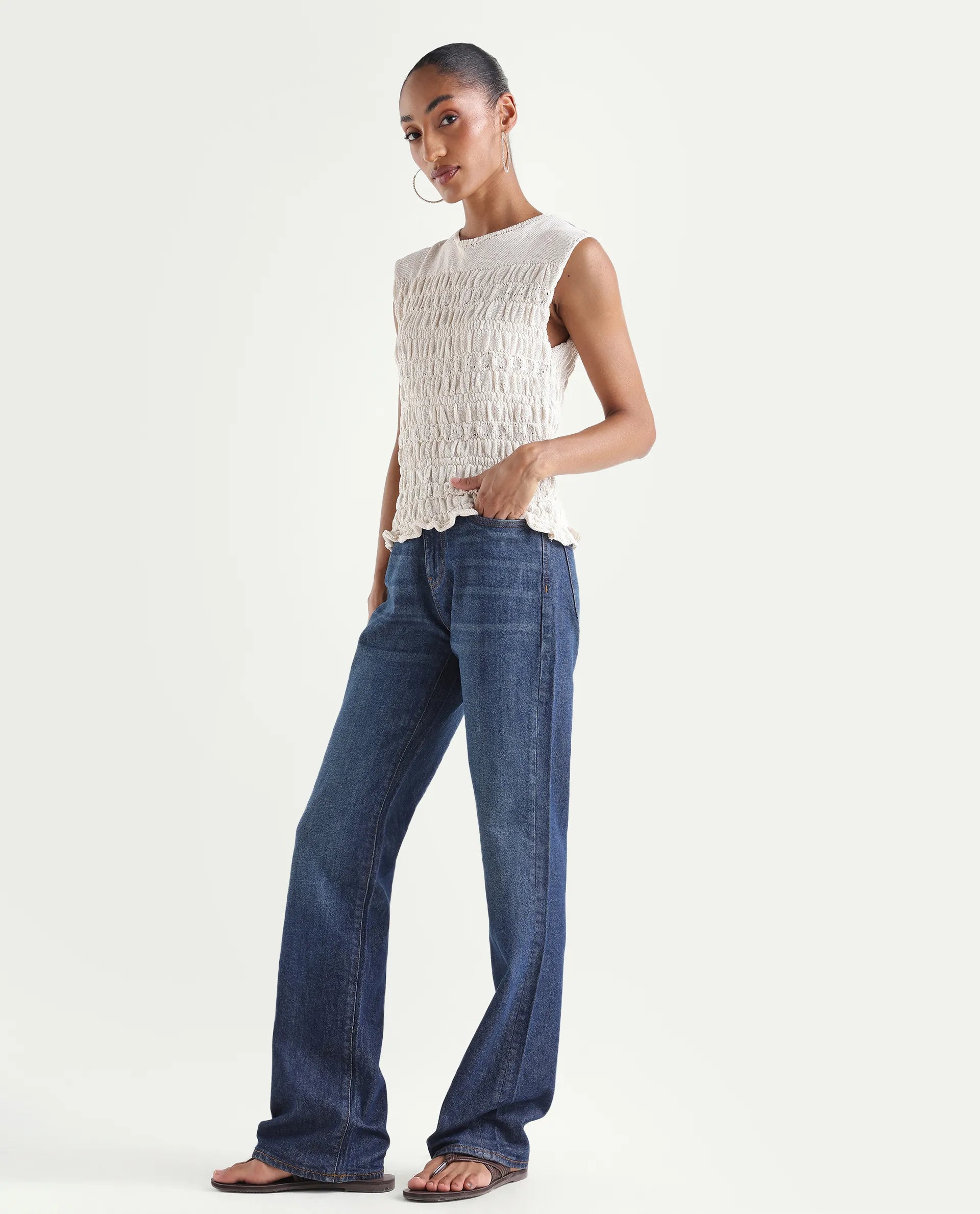 Rareism Women's Osseo Dark Blue Cotton Blend Plain Ankle Length Smart Straight Fit Jeans