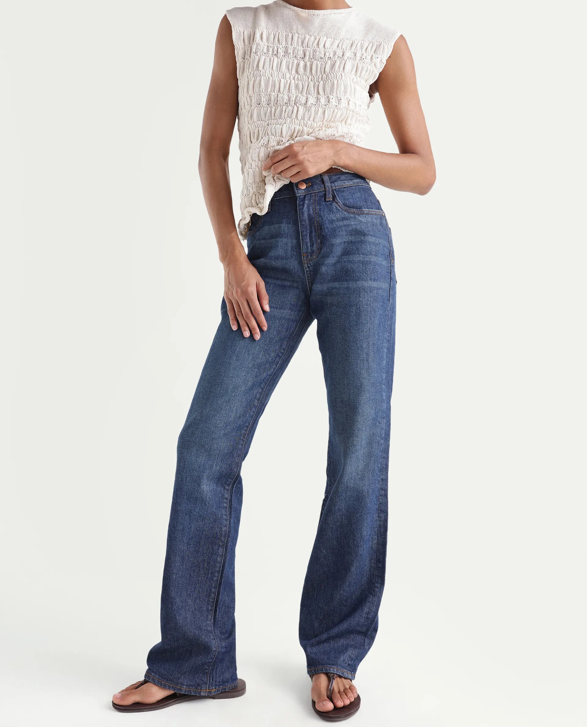 Rareism Women's Osseo Dark Blue Cotton Blend Plain Ankle Length Smart Straight Fit Jeans