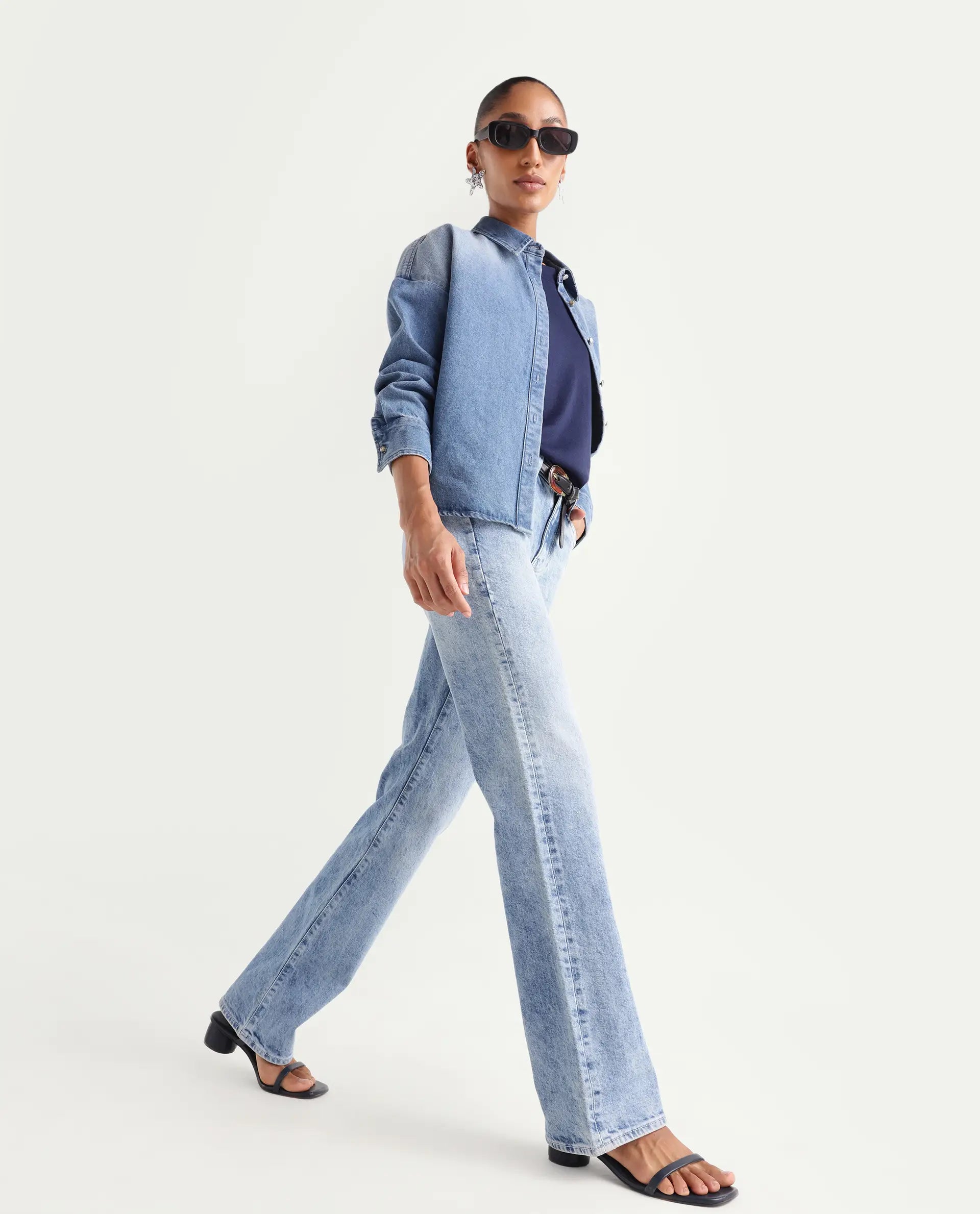 Rareism Women's Osseo Pastel Blue Cotton Blend Plain Ankle Length Smart Straight Fit Jeans