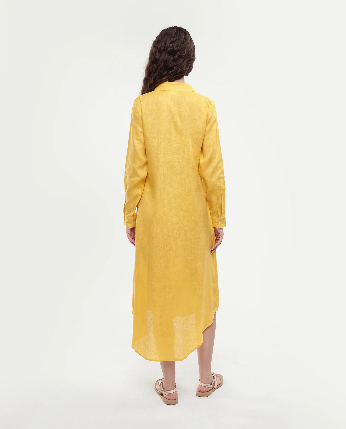 Rareism Women's Peruvian Yellow Cotton Linen Drop Collar Plain Cuffed Sleeve Midi A-Line Dress