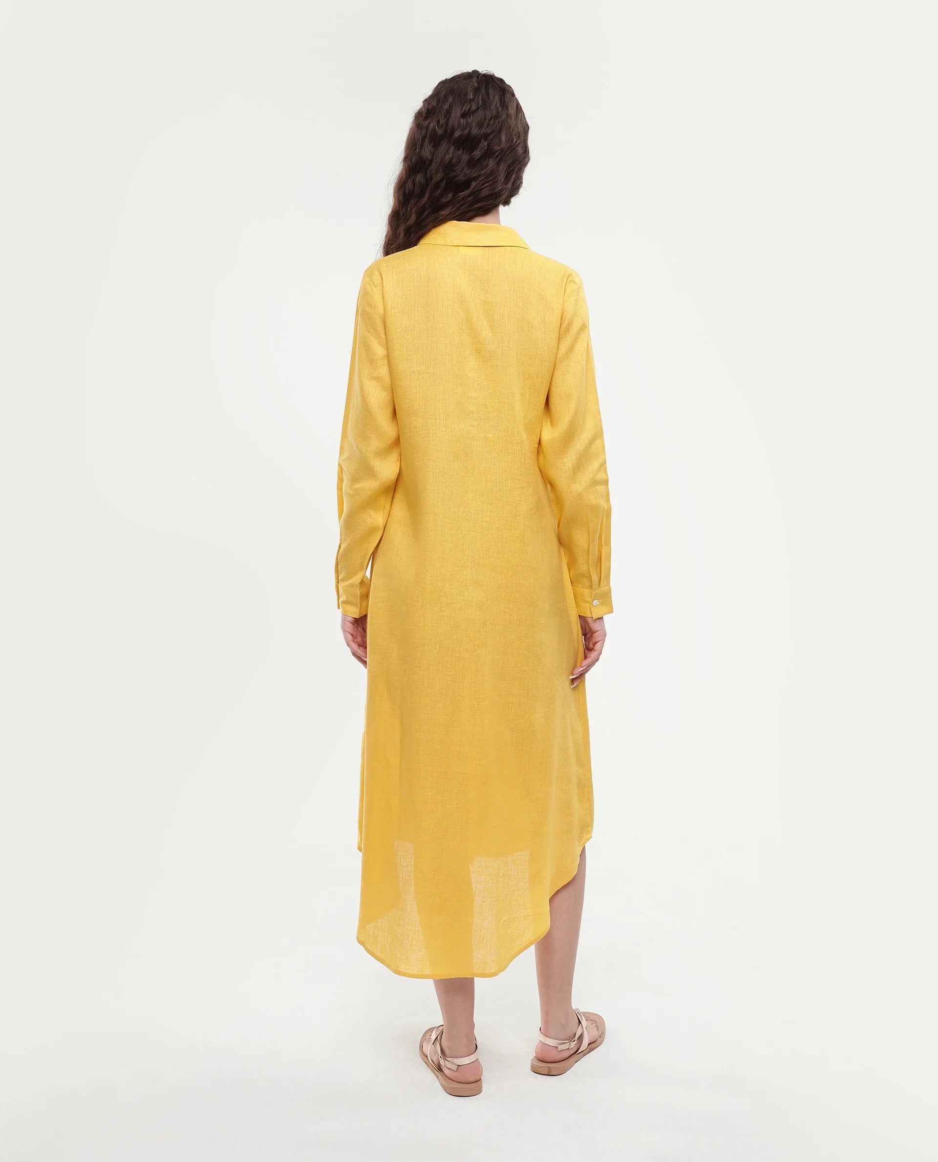 Rareism Women's Peruvian Yellow Cotton Linen Drop Collar Plain Cuffed Sleeve Midi A-Line Dress