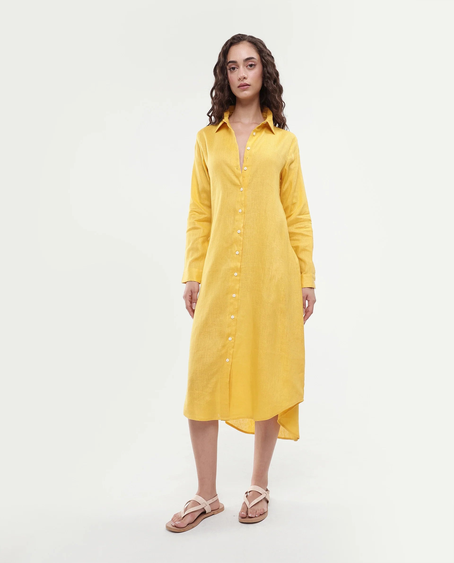 Rareism Women's Peruvian Yellow Cotton Linen Drop Collar Plain Cuffed Sleeve Midi A-Line Dress