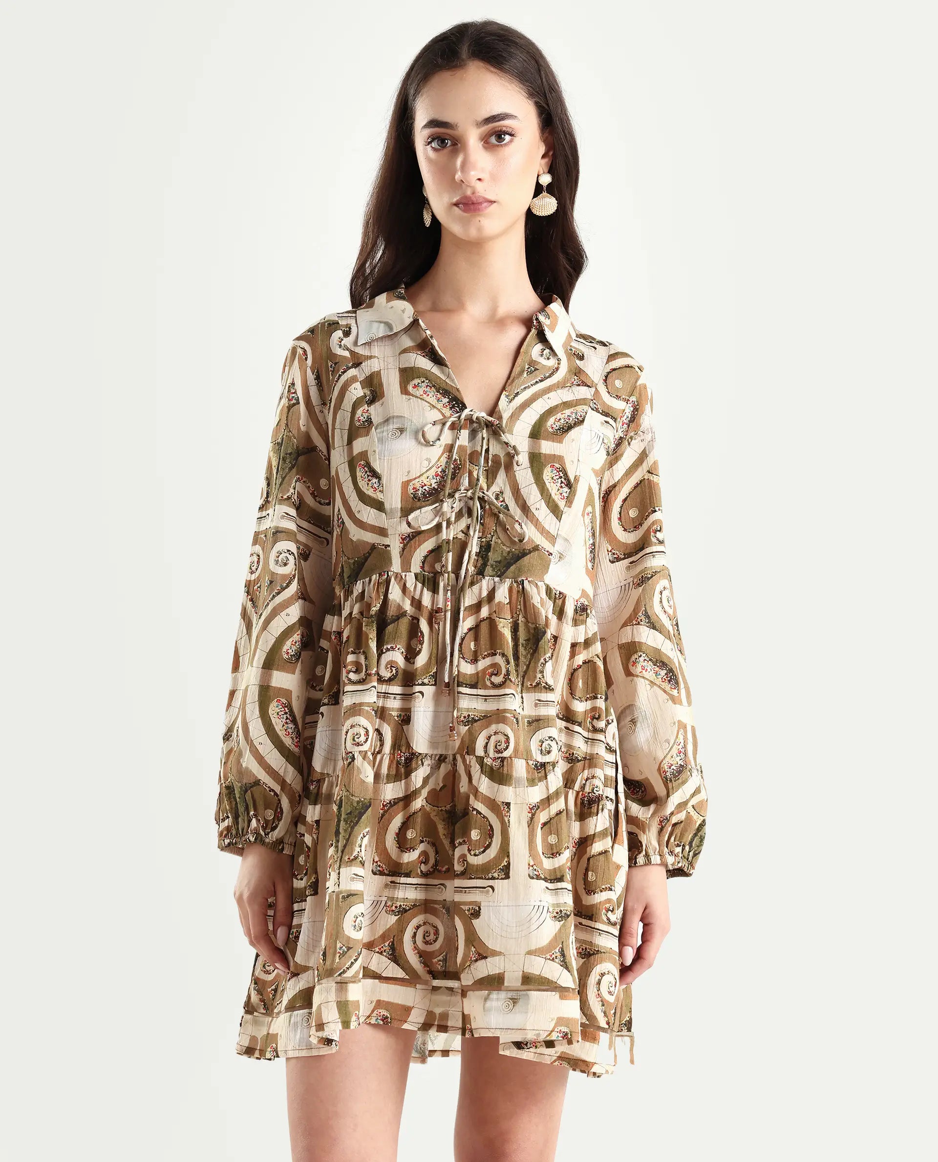 Rareism Women's Rory Pastel Green Cotton V-Neck Geometric Print Bishop Sleeve Mini Fit And Flare Dress