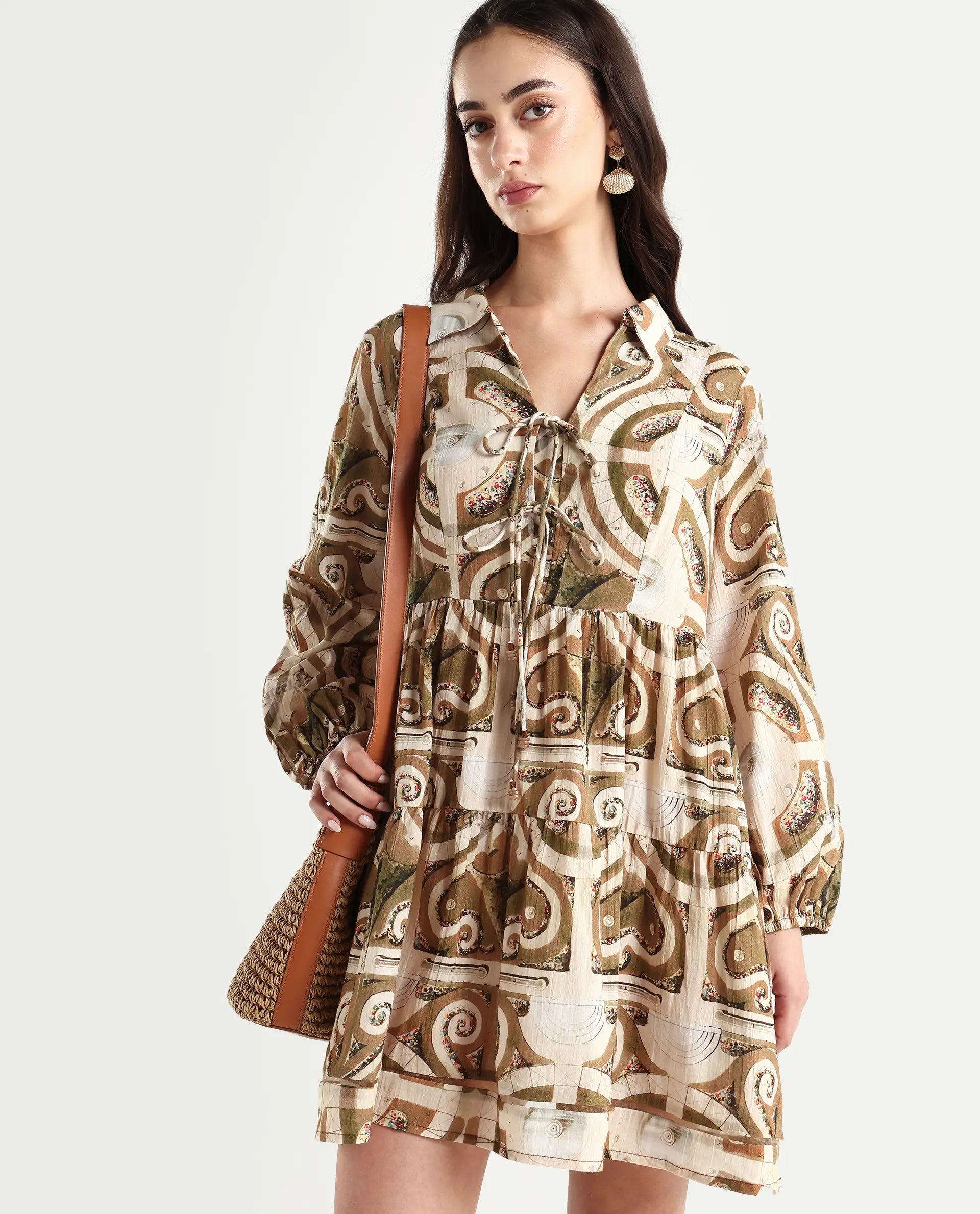 Rareism Women's Rory Pastel Green Cotton V-Neck Geometric Print Bishop Sleeve Mini Fit And Flare Dress