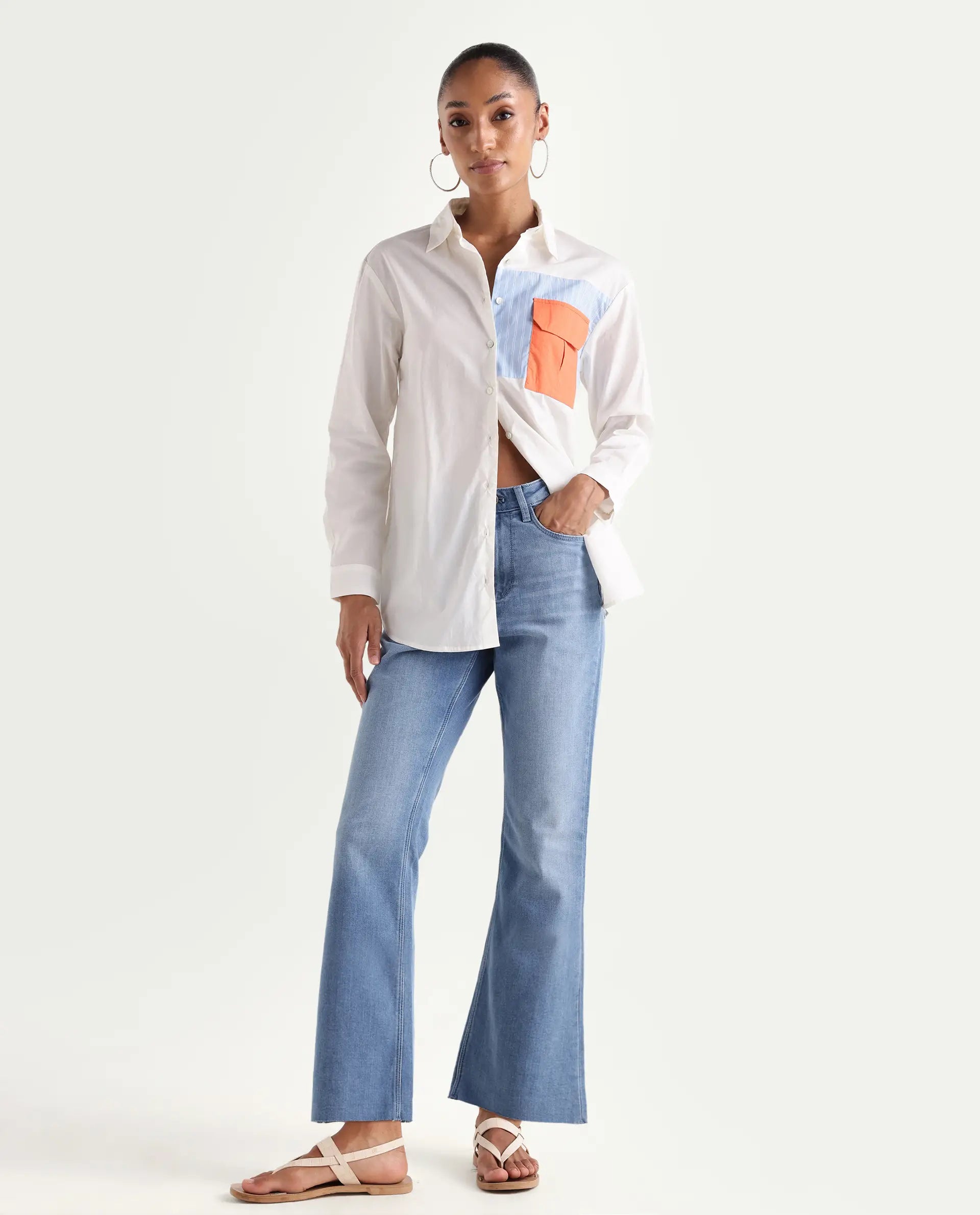Rareism Women's Winona Pastel Blue Cotton Blend Plain Ankle Length Classic Bootcut Jeans
