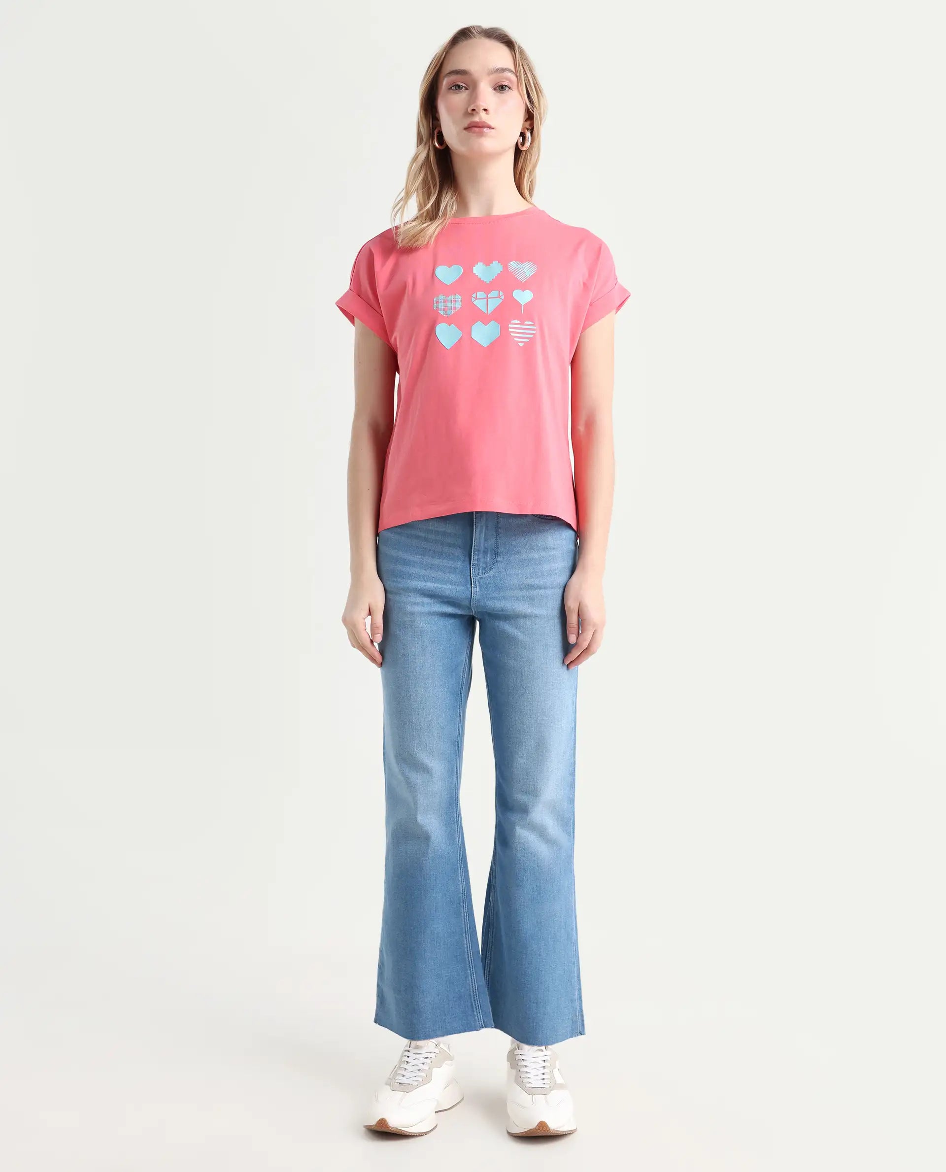 Rareism Women's Winona Pastel Blue Cotton Blend Plain Ankle Length Crop Flare Jeans