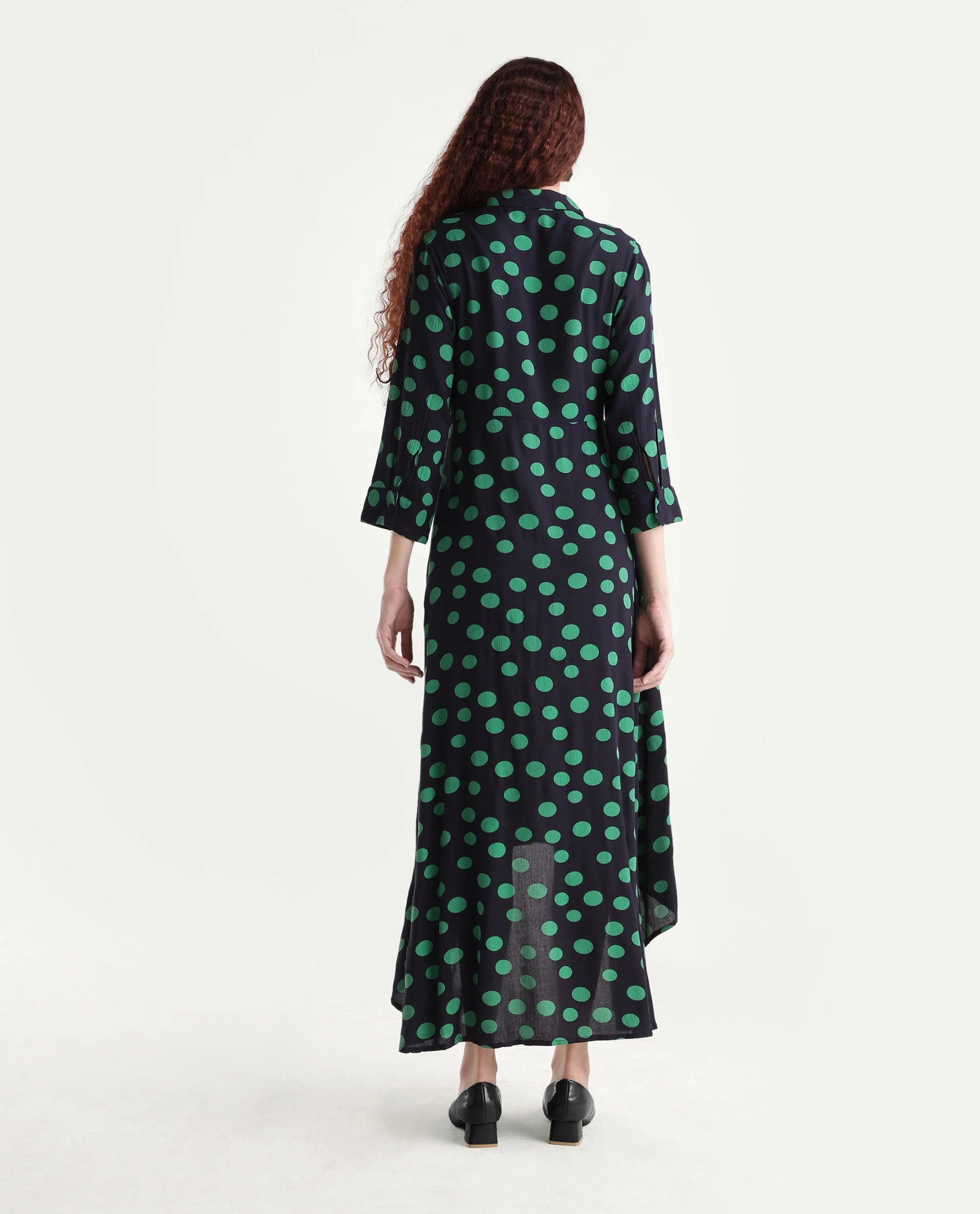 Rareism Women's Winslet Black Rayon Drop Collar Polka Print Cuffed Sleeve Maxi Flared Dress