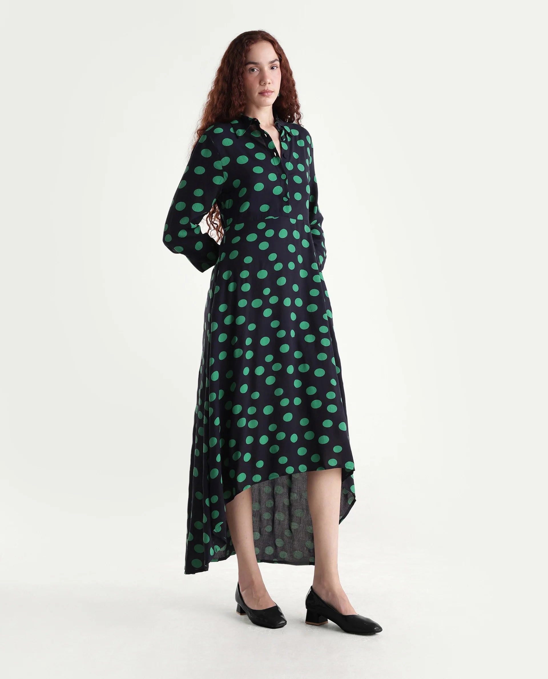 Rareism Women's Winslet Black Rayon Drop Collar Polka Print Cuffed Sleeve Maxi Flared Dress