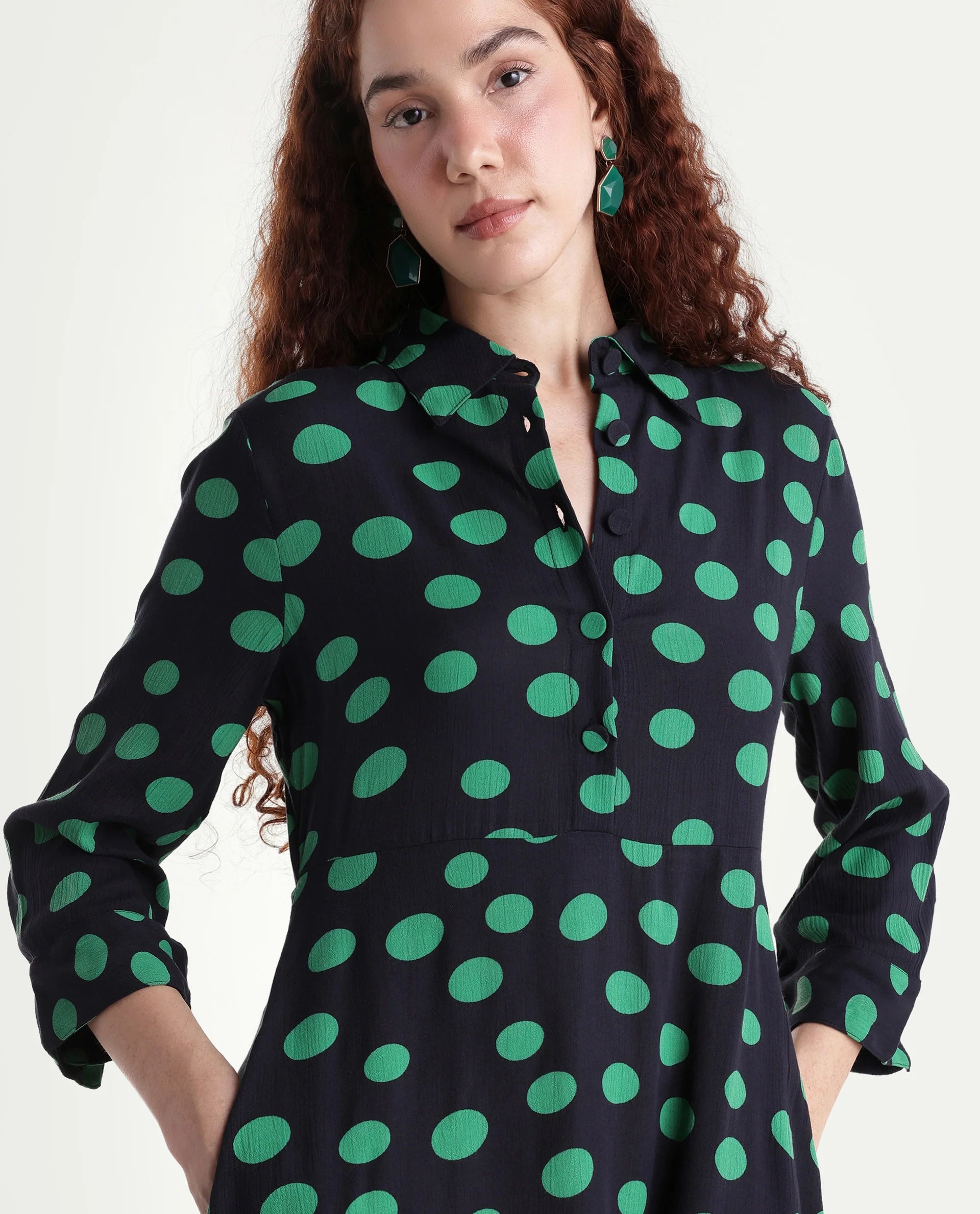 Rareism Women's Winslet Black Rayon Drop Collar Polka Print Cuffed Sleeve Maxi Flared Dress