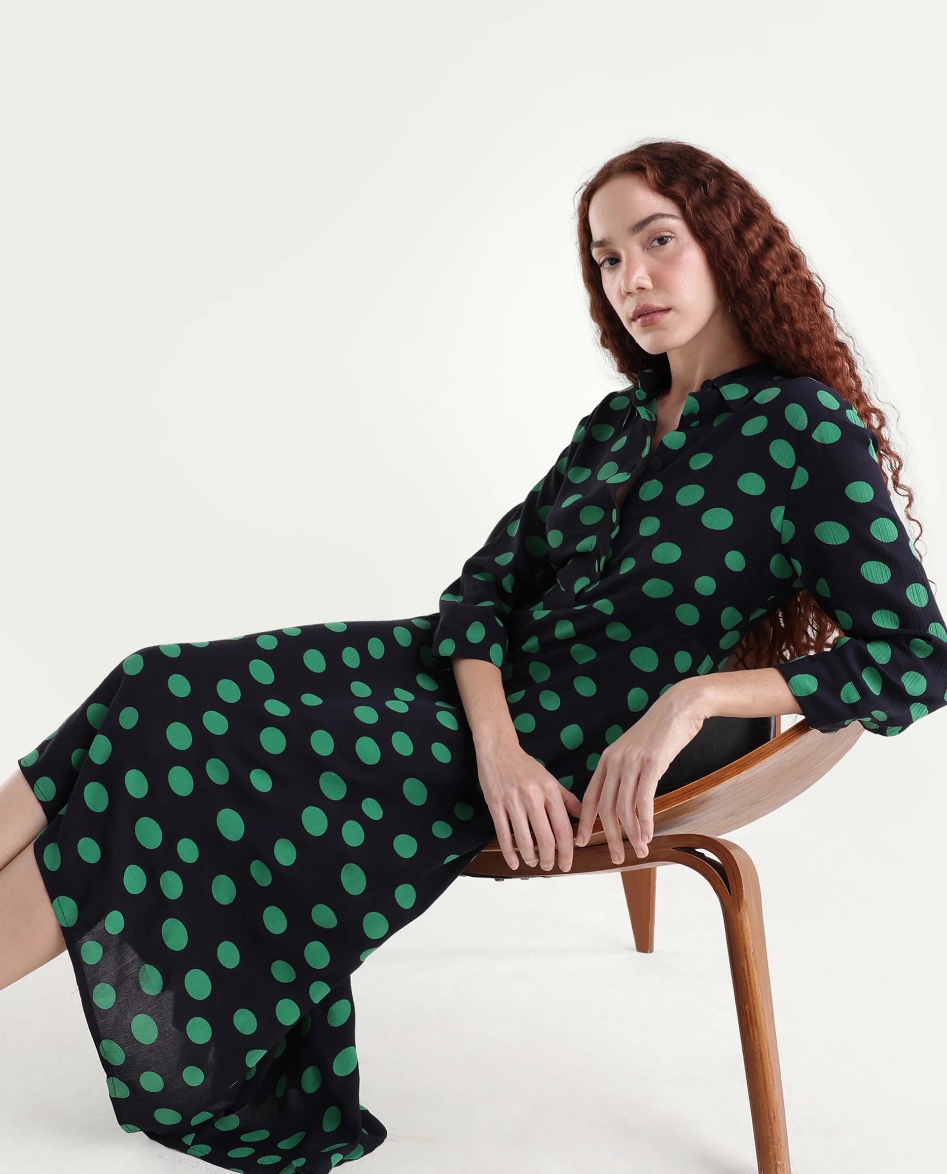 Rareism Women's Winslet Black Rayon Drop Collar Polka Print Cuffed Sleeve Maxi Flared Dress