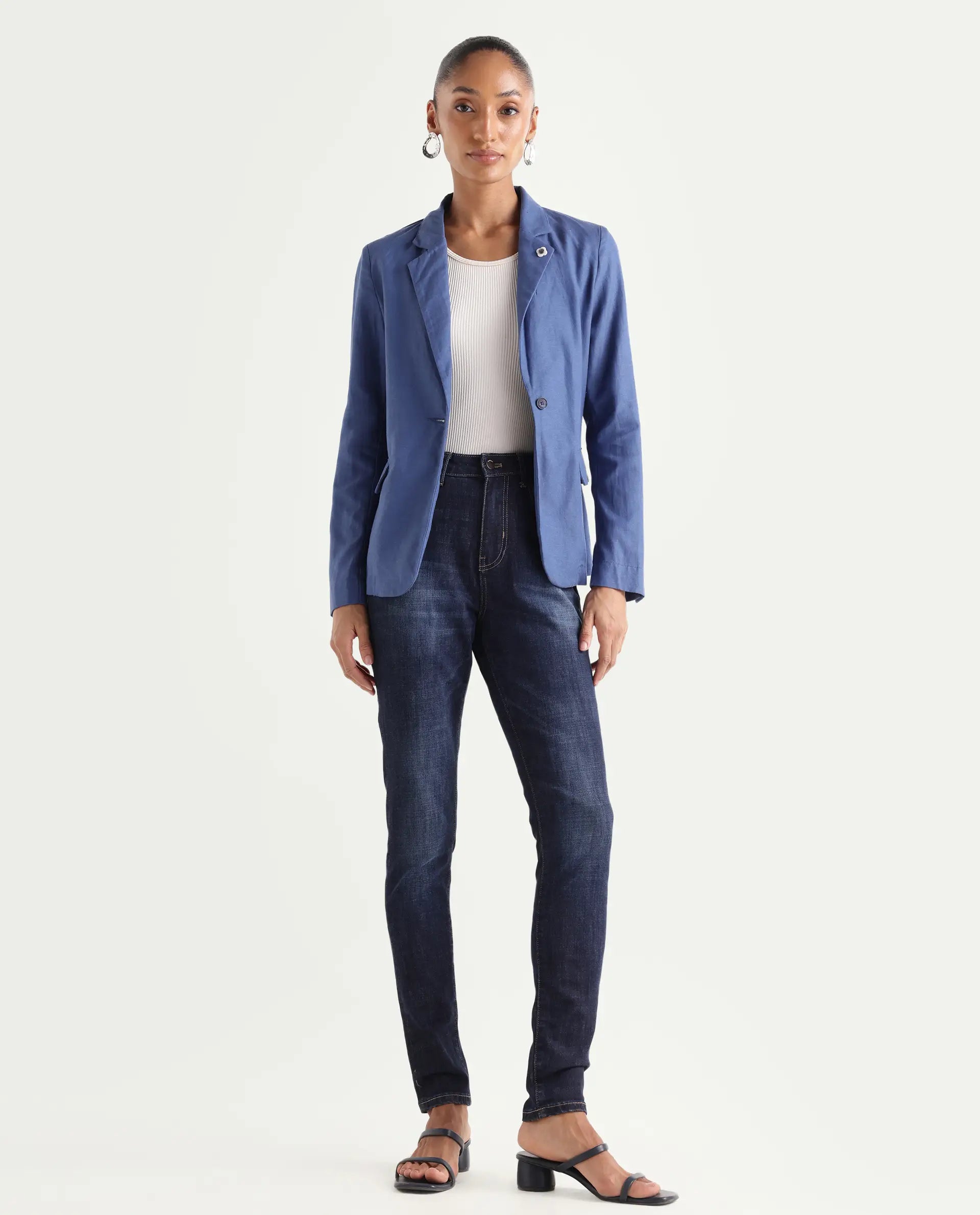 Rareism Women's Zaisho Dark Blue Cotton Blend Plain Ankle Length Sleek Skinny Fit Jeans