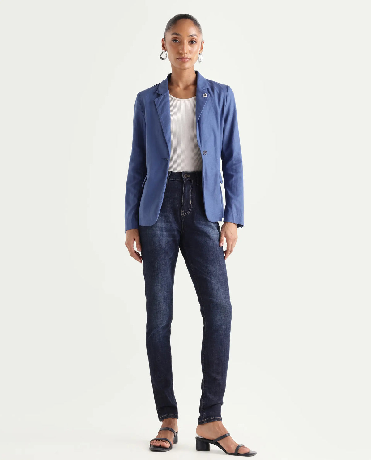 Rareism Women's Zaisho Dark Blue Cotton Blend Plain Ankle Length Sleek Skinny Fit Jeans