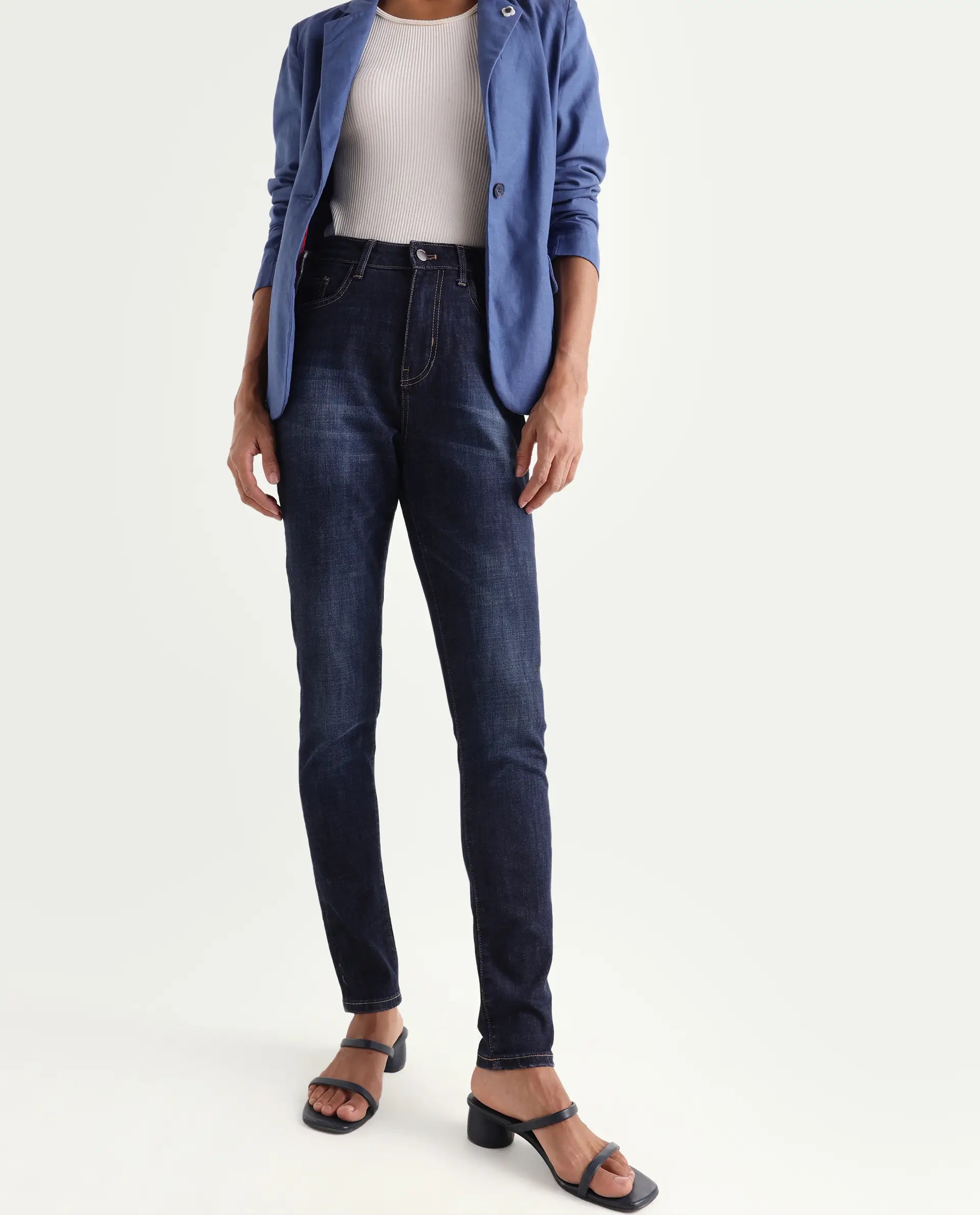 Rareism Women's Zaisho Dark Blue Cotton Blend Plain Ankle Length Sleek Skinny Fit Jeans
