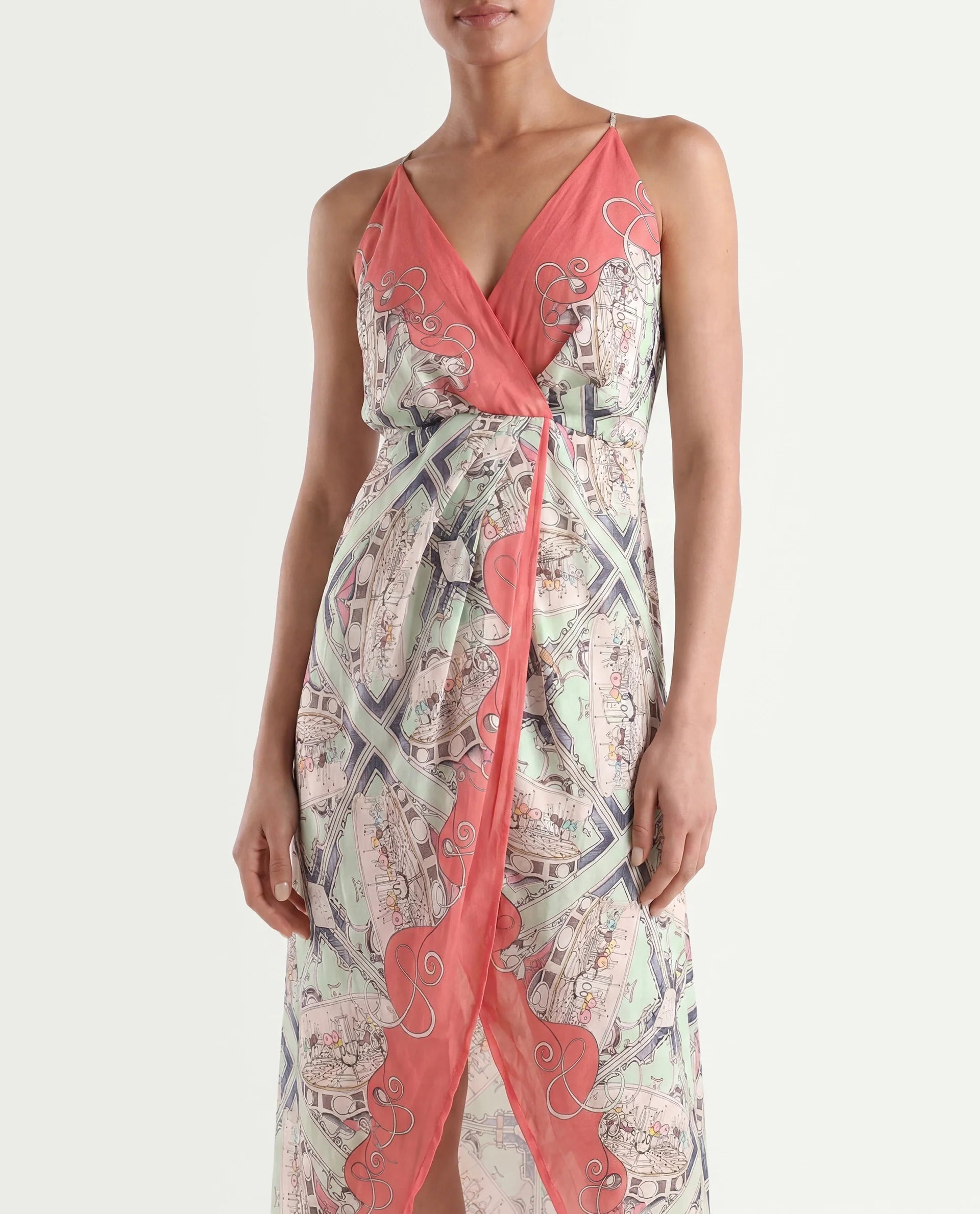 Rareism Women's Bluries Pastel Green Cotton Overlap Neck Abstract Print Shoulder Strap Maxi Fit And Flare Dress