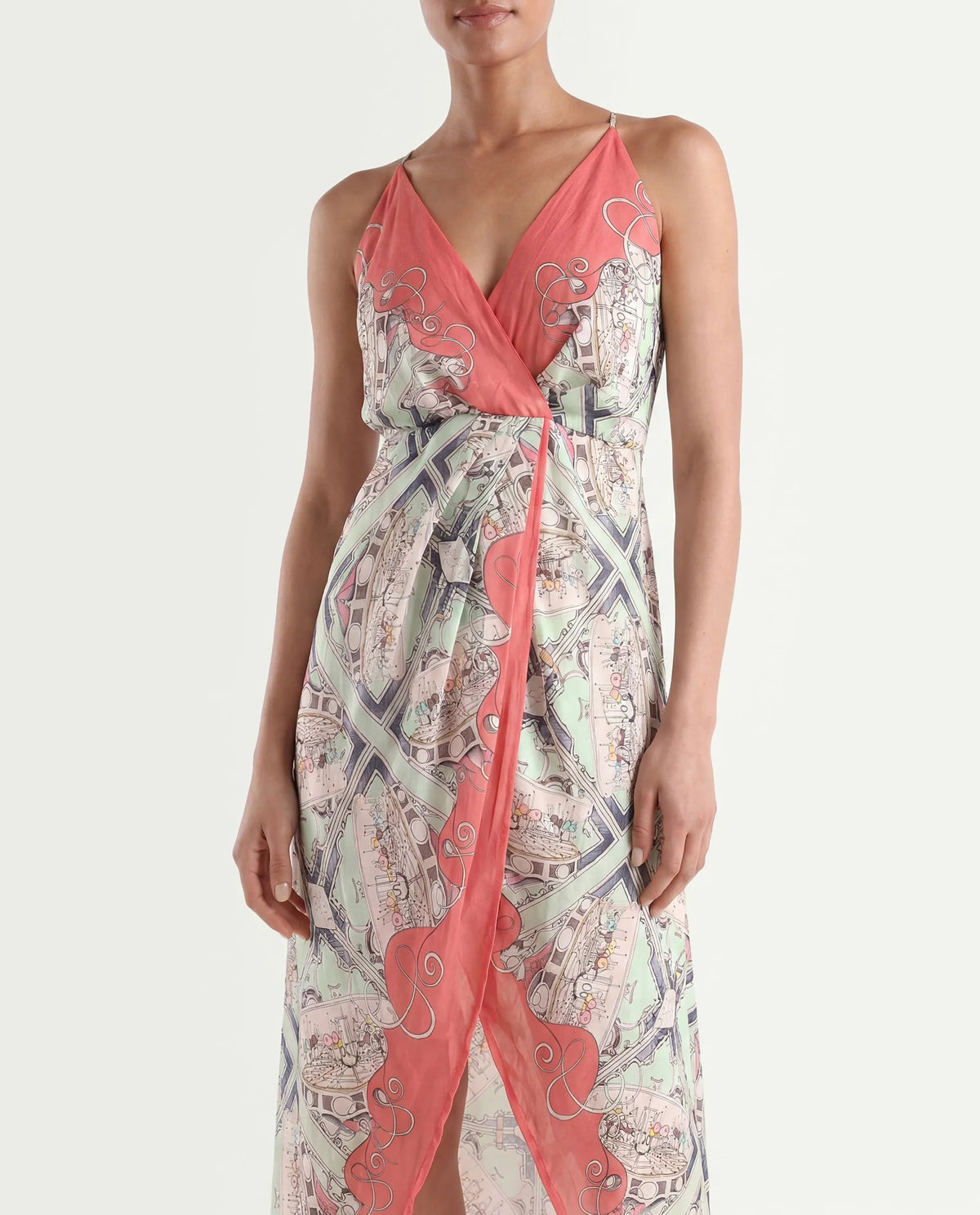 Rareism Women's Bluries Pastel Green Cotton Overlap Neck Abstract Print Shoulder Strap Maxi Fit And Flare Dress