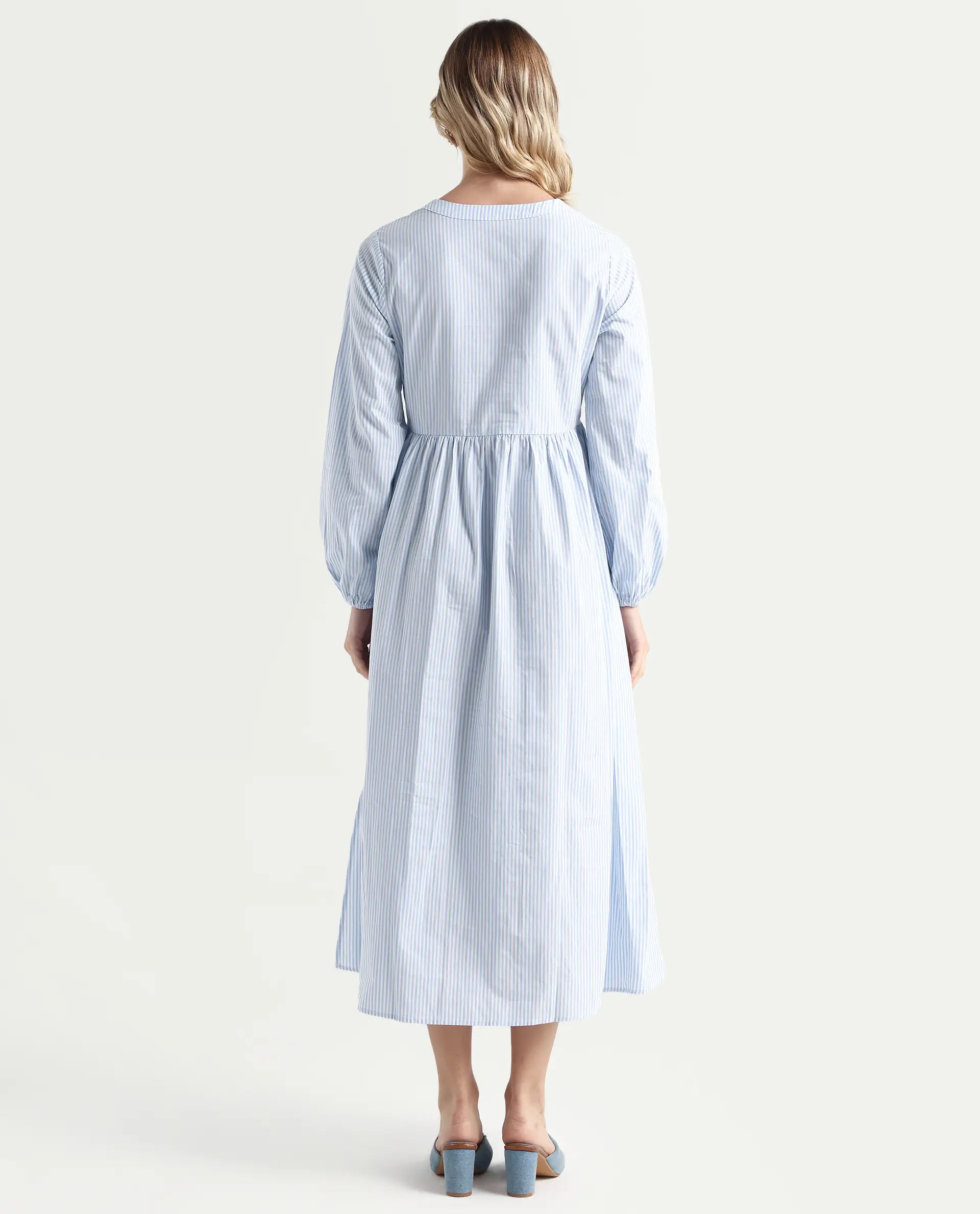 Rareism Women's Calia Blue Cotton Collarless Striped Bishop Sleeve Midi A-Line Dress