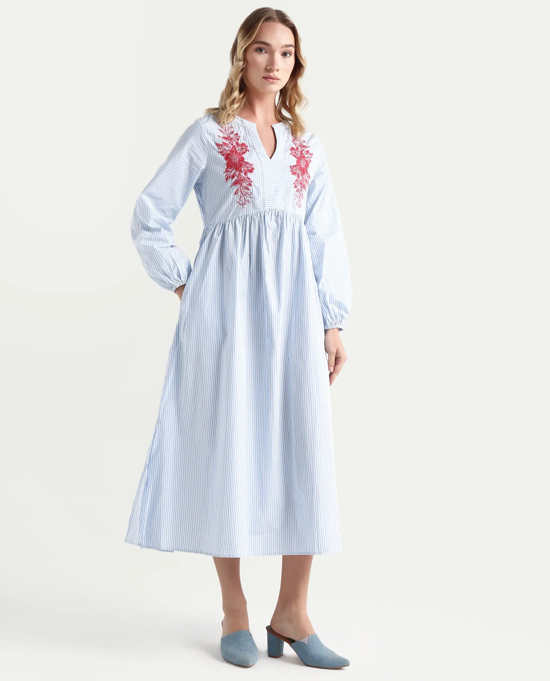 Rareism Women's Calia Blue Cotton Collarless Striped Bishop Sleeve Midi A-Line Dress