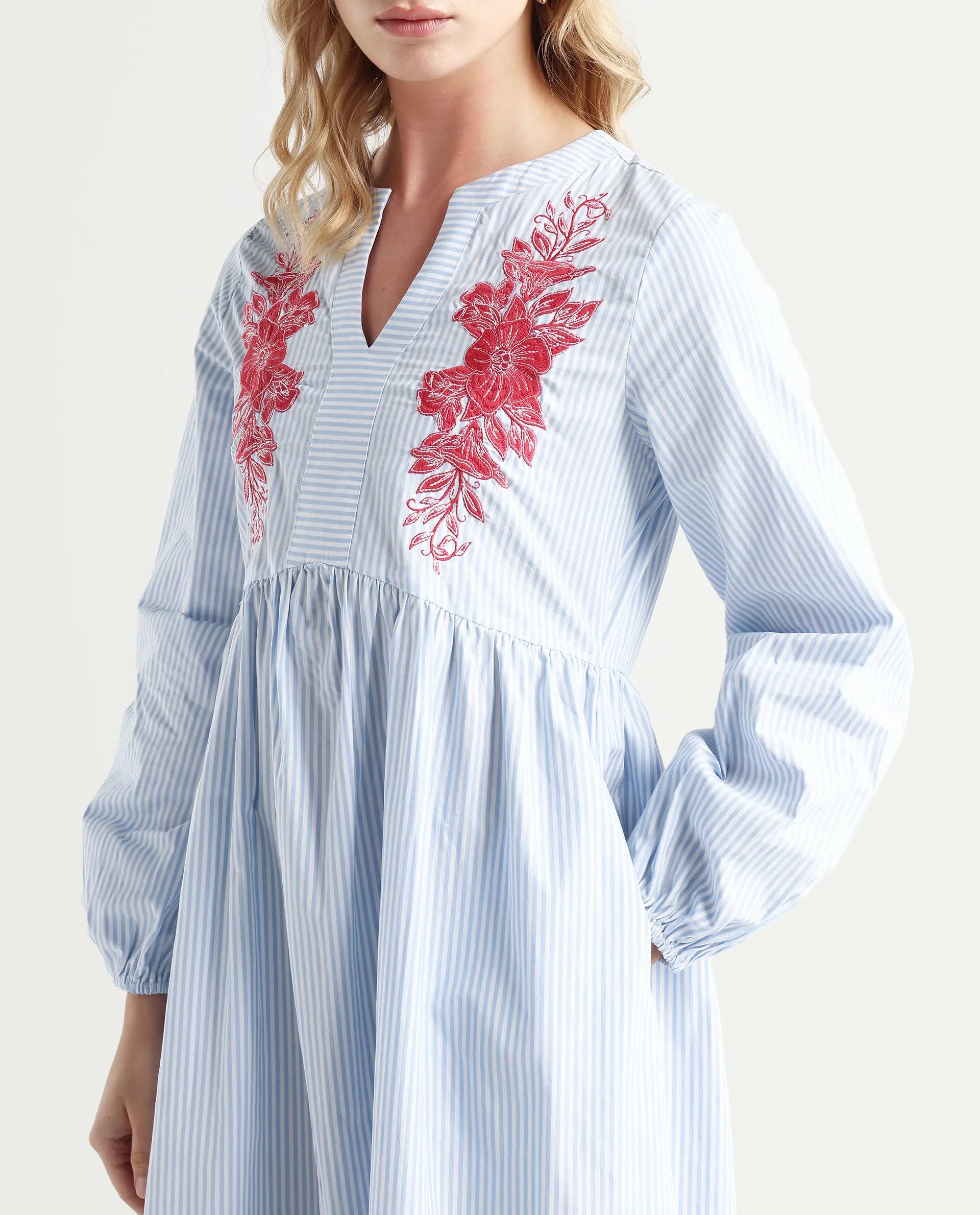 Rareism Women's Calia Blue Cotton Collarless Striped Bishop Sleeve Midi A-Line Dress