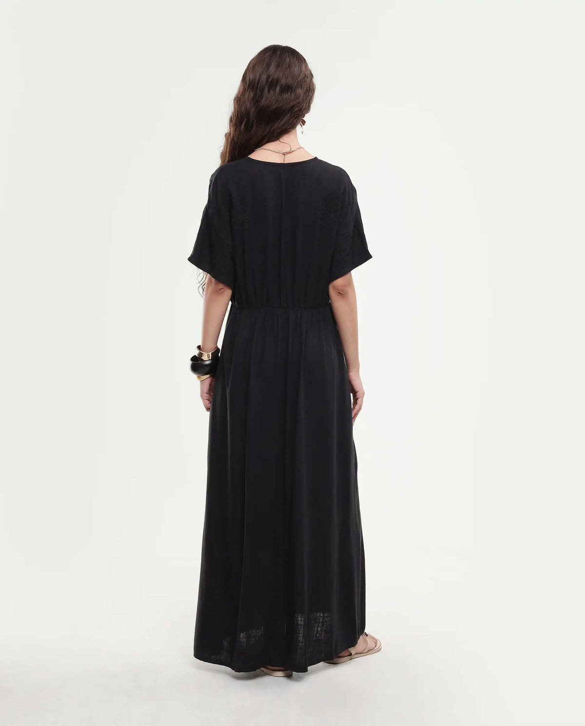 Rareism Women's Flynn Light Black Linen Blend V-Neck Plain Extended Sleeves Maxi Fit And Flare Dress