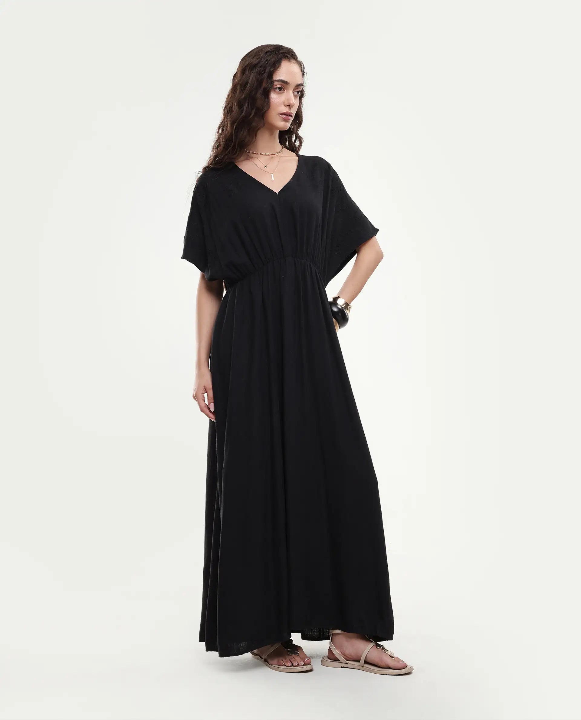 Rareism Women's Flynn Light Black Cotton Blend V-Neck Plain Extended Sleeves Maxi Fit And Flare Dress
