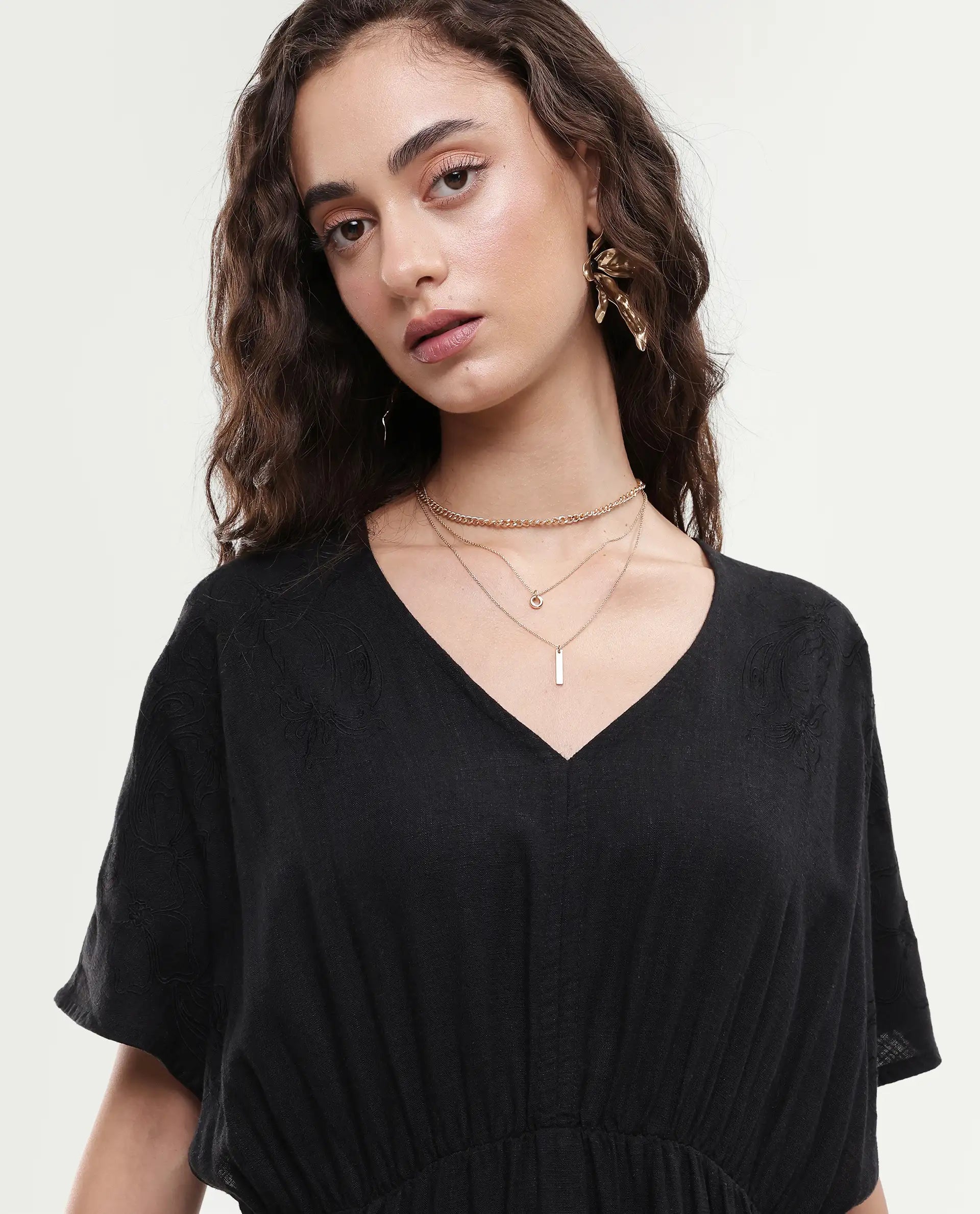 Rareism Women's Flynn Light Black Cotton Blend V-Neck Plain Extended Sleeves Maxi Fit And Flare Dress