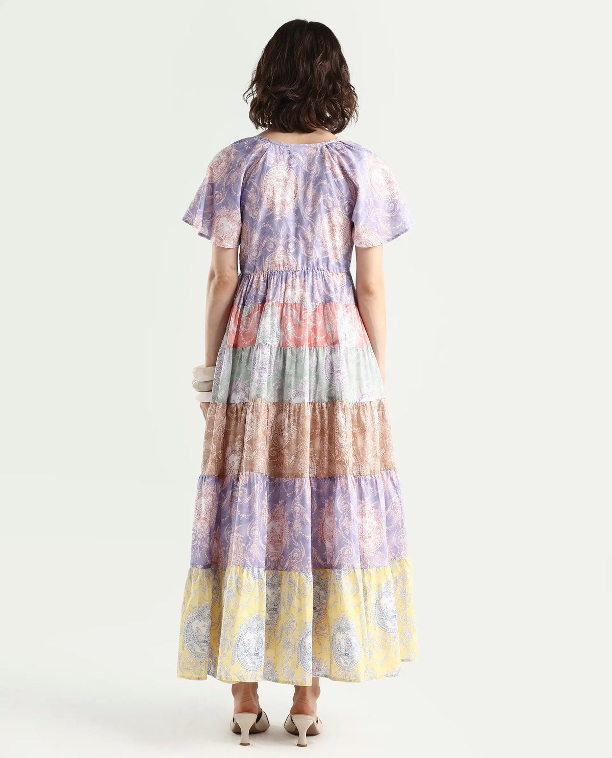 Rareism Women's Grubin Multi Cotton V-Neck Ornamental Print Raglan Sleeve Maxi Fit And Flare Dress
